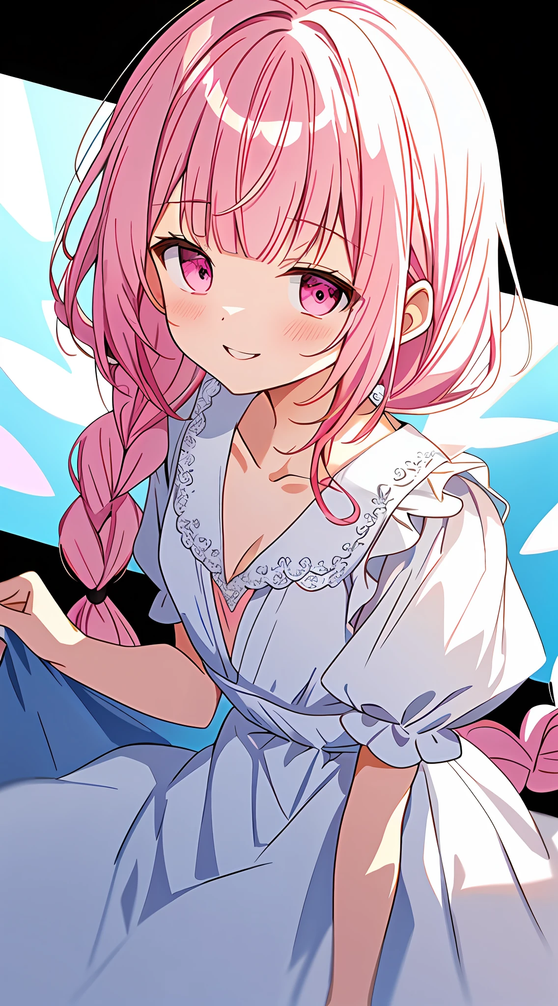 top-quality，tmasterpiece，A high resolution，8k，Luminous white shirt and tunic skirt anime-style little loli，One guy，detailed line art，Bright white and bright amber style，Digital Enhancement，Anime core，Flowing fabric，closeup cleavage，Hair length to shoulder openings and short braids，Beautiful pink hair，ssmile，looking up Angle