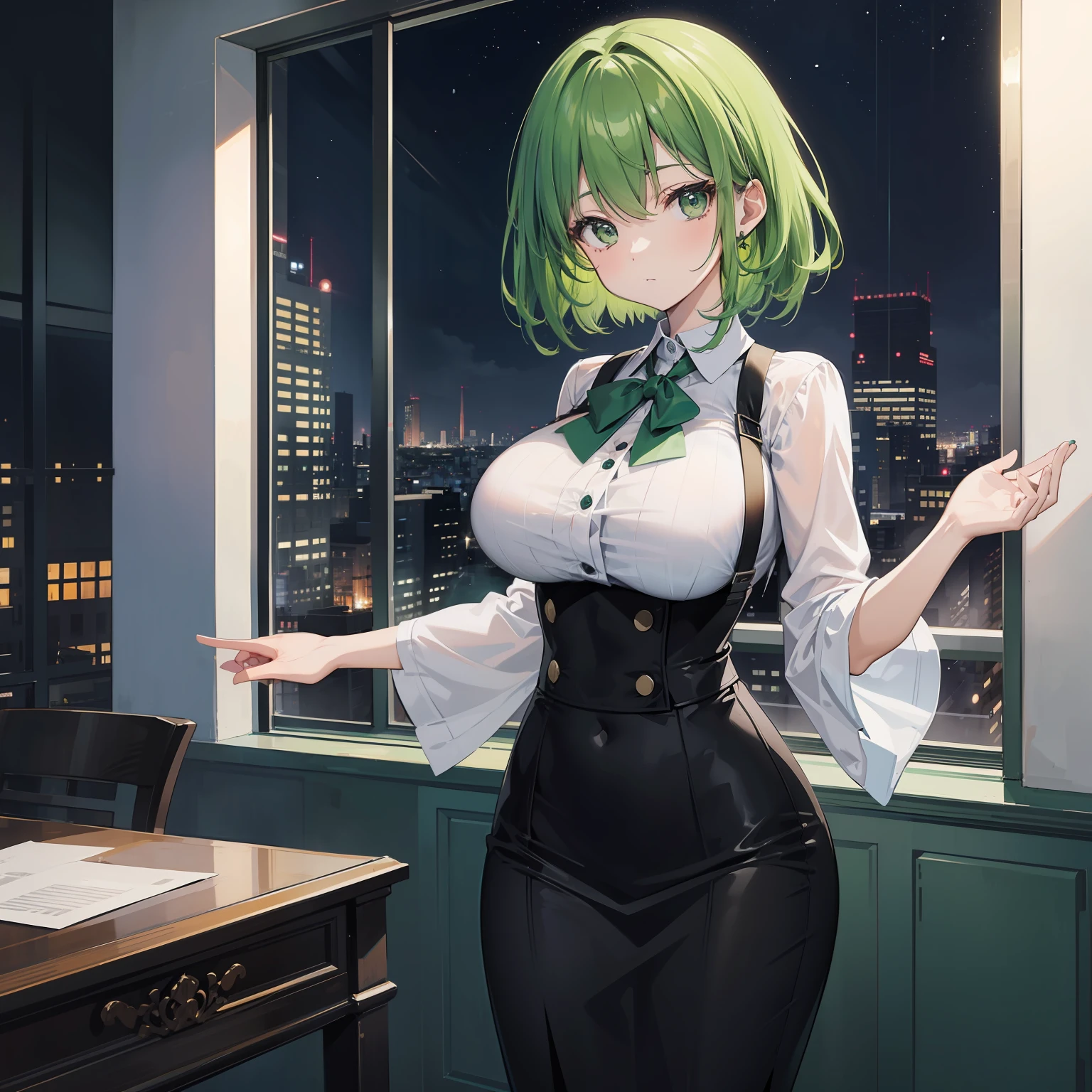 green colored hair、huge tit、Masterpiece、high-level image quality、Official picture、beautidful eyes、soio、a secretary、Officelady、Night view from the window