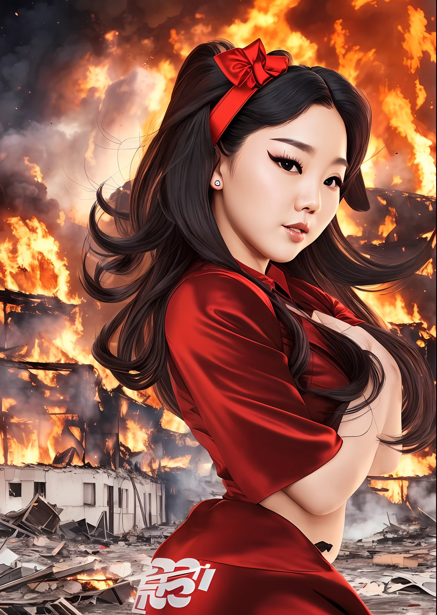 kim jong un as beautiful lady, 8k, ultrarealistic, drag queen, standing in front of destruction, nuclear war, burning buildings, north korea, kim jong, hot, curves, red dress, korean, kim jongun, supreme leader --auto --s2