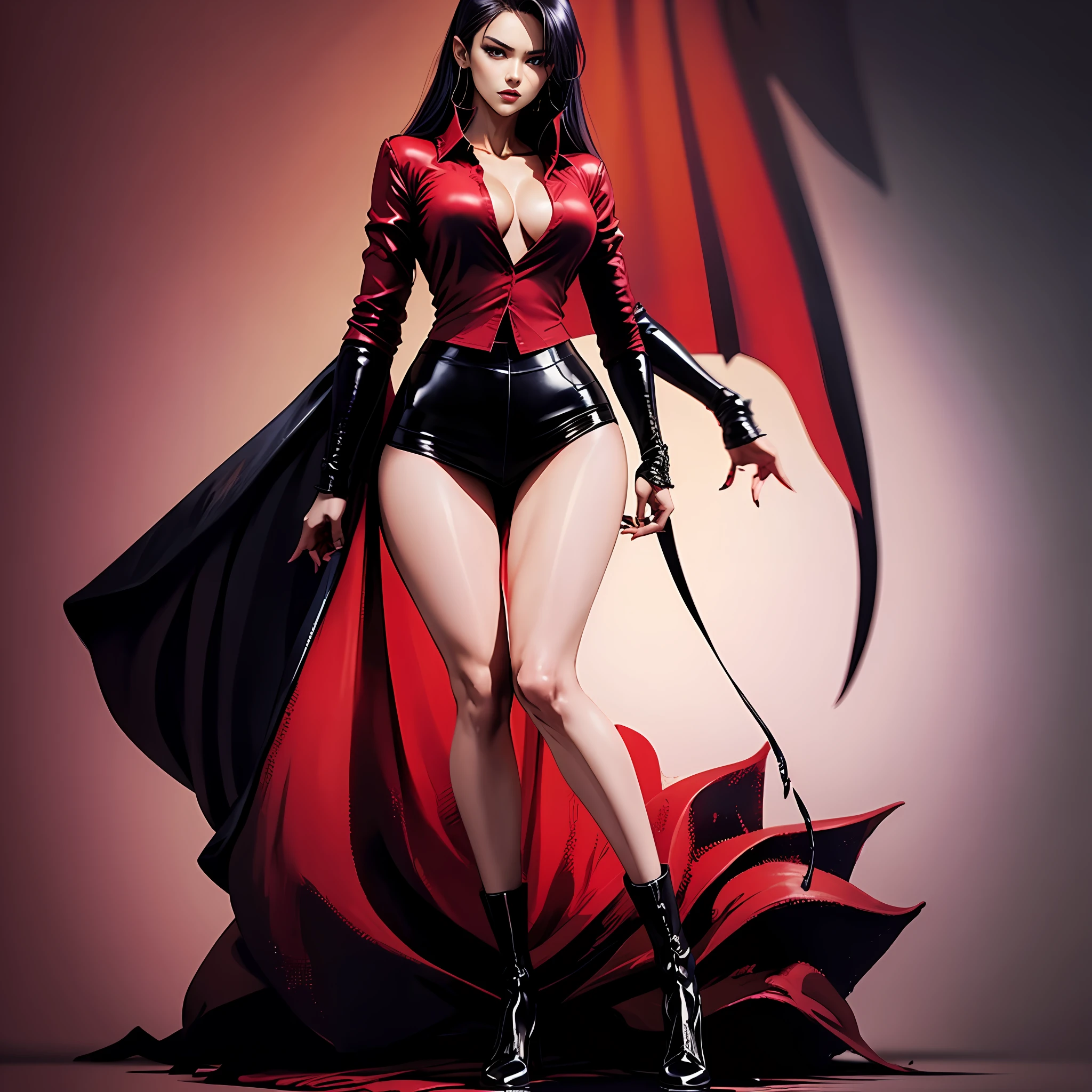 tmasterpiece，Manga master works，Great anime，A beautiful underworld woman，Gangster movie female boss，Wears a red silk shirt，tiese，Black tight skirt standing under the stars of the empty night，Full-body standing，Tall，Slender legs，detail in face，Detailed body part details，Side whole body，8k wallpaper