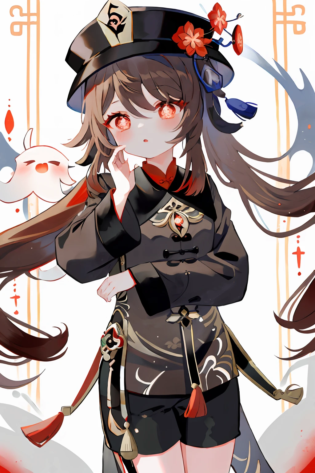 masterpiece, best quality,
1girl, hu tao (genshin impact), boo tao,hat, red eyes, twintails, brown hair, solo, symbol-shaped pupils, long hair,bangs, black shorts , chinese clothes,