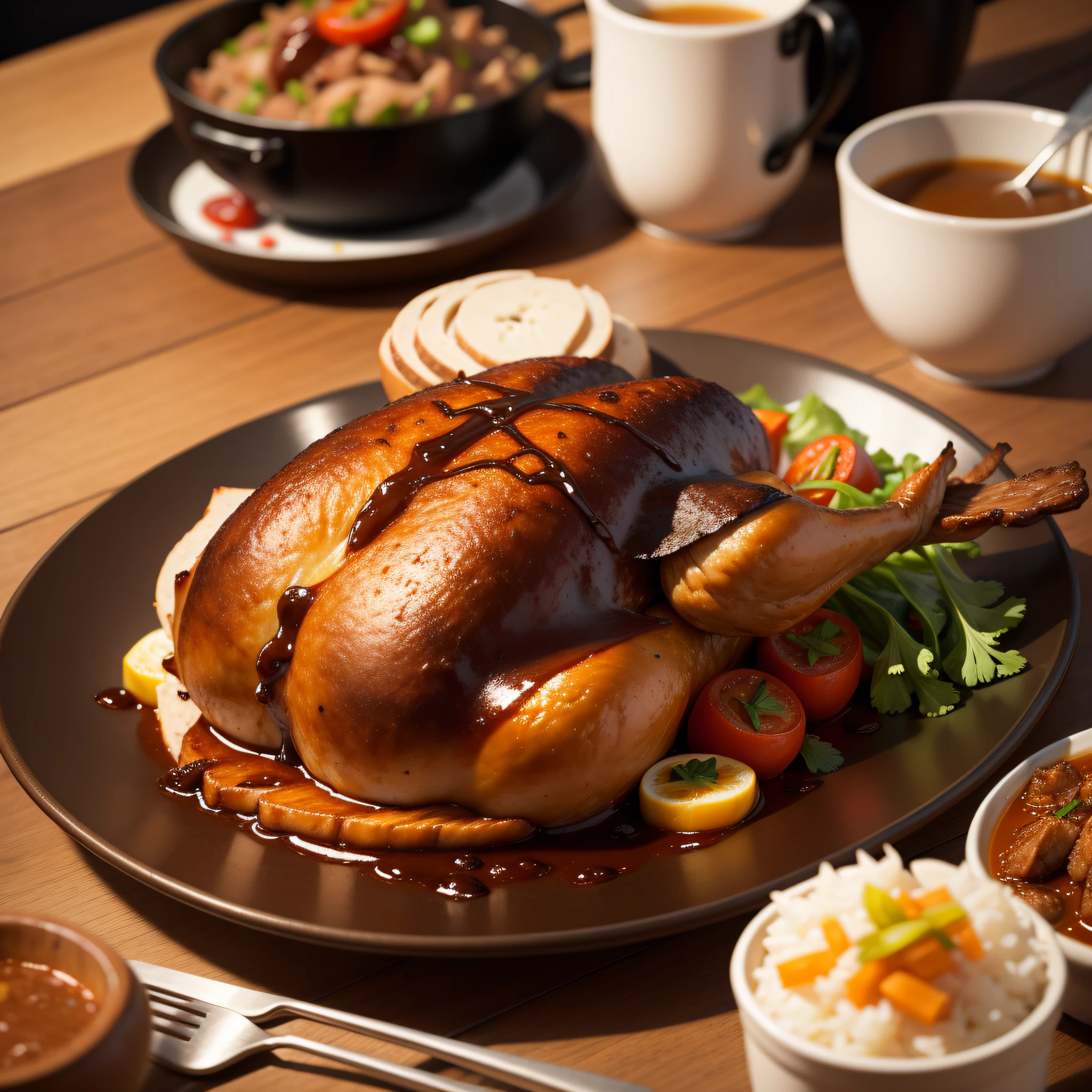 Close-up of the food on the table, Many portions of roast duck, anime style, masterpiece, high details, high quality, 8k