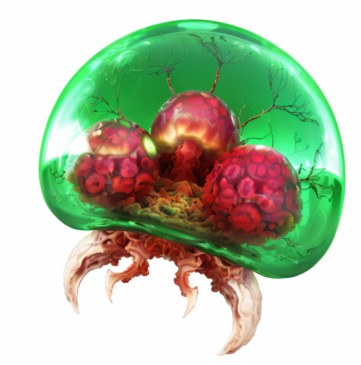 There are three berries in a green glass bowl, Metroid, transparent carapace, chimeric organism, An alien mushroom with tentacles, an alien fruit, fungo fractal, rendered illustration, simulacro de um fungo espacial, cogumelo nuclear, Fruta de fada. octan render, cogumelo infectado, arte renderizada, cyberpunk jellyfish, Metamorfose Complex 3D render, Processado