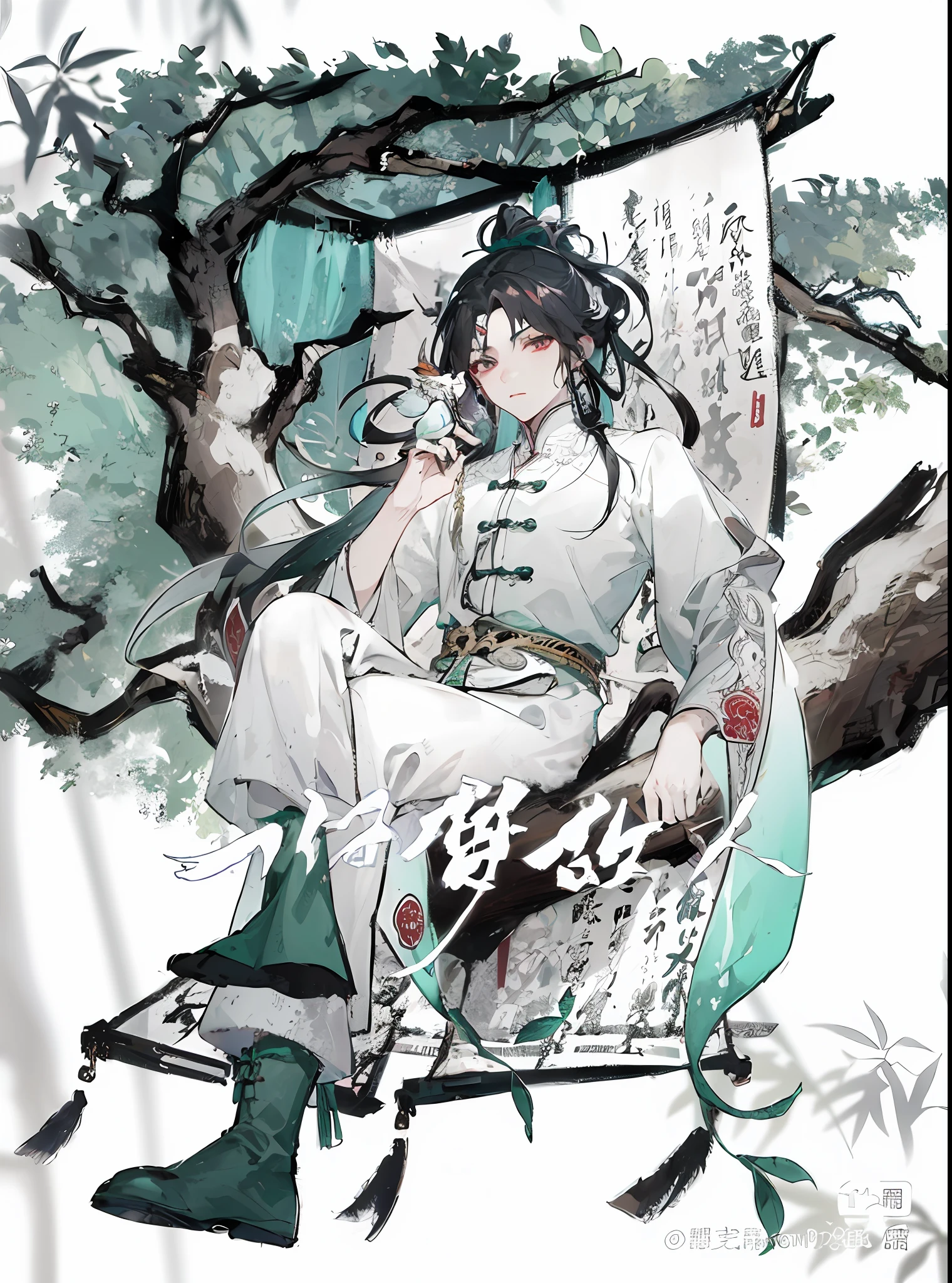 Anime girl sitting on chair in tree with a bird, Inspired by Bian Shoumin, Inspired by Cao Zhibai, Inspired by Seki Dosheng, An anime cover, handsome guy in demon killer art, Inspired by Zhao Yuan, inspired by Wu Daozi, flowing hair and long robes, inspired by Zhang Wo, inspired by Huang Gongwang