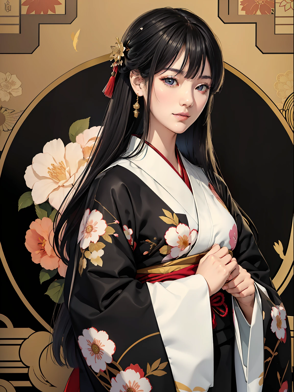 Mature girl、Long Black Hair、A slight smile、Black-haired、Colorful Japan kimono、Nishijin Ori、Delicate and smart eyes、intricate damask hanfu、Luxury accessories、FOV、F1.8、​masterpiece、complex scenes、flower petals flying、Diagonal portrait shot、