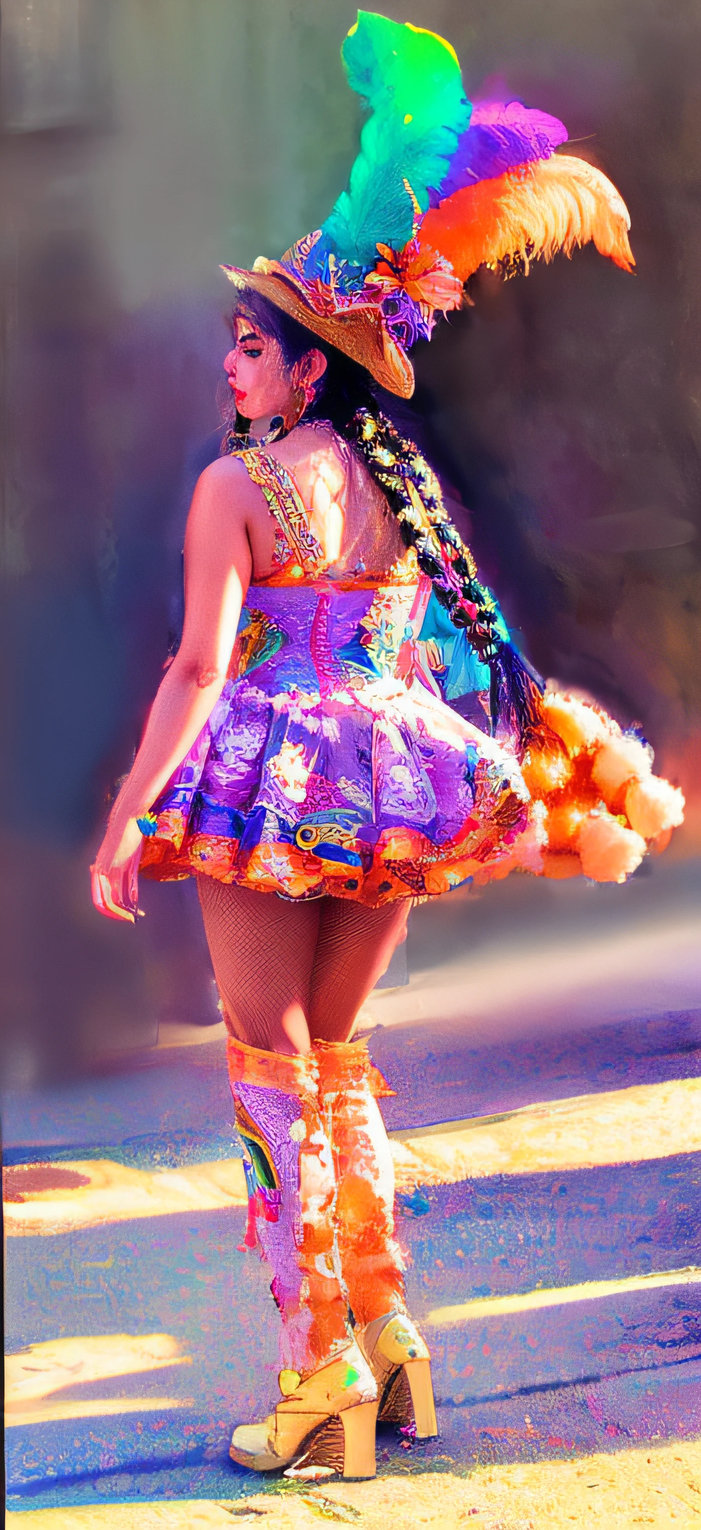 Araffe vestido con un traje colorido caminando por una calle, Vestimenta de concha marina, Disfraz elaborado,morenada boliviana, Hermoso disfraz, Mezcla de estilo de Burning Man, usando un vestido hecho de cuentas, Disfraz de joya, Llevar un atuendo adornado, morenada bolivianaa, Audaz atuendo rave, Tonos vibrantes, vestido con seda colorida, coleta colorida, nicki minaj curvy