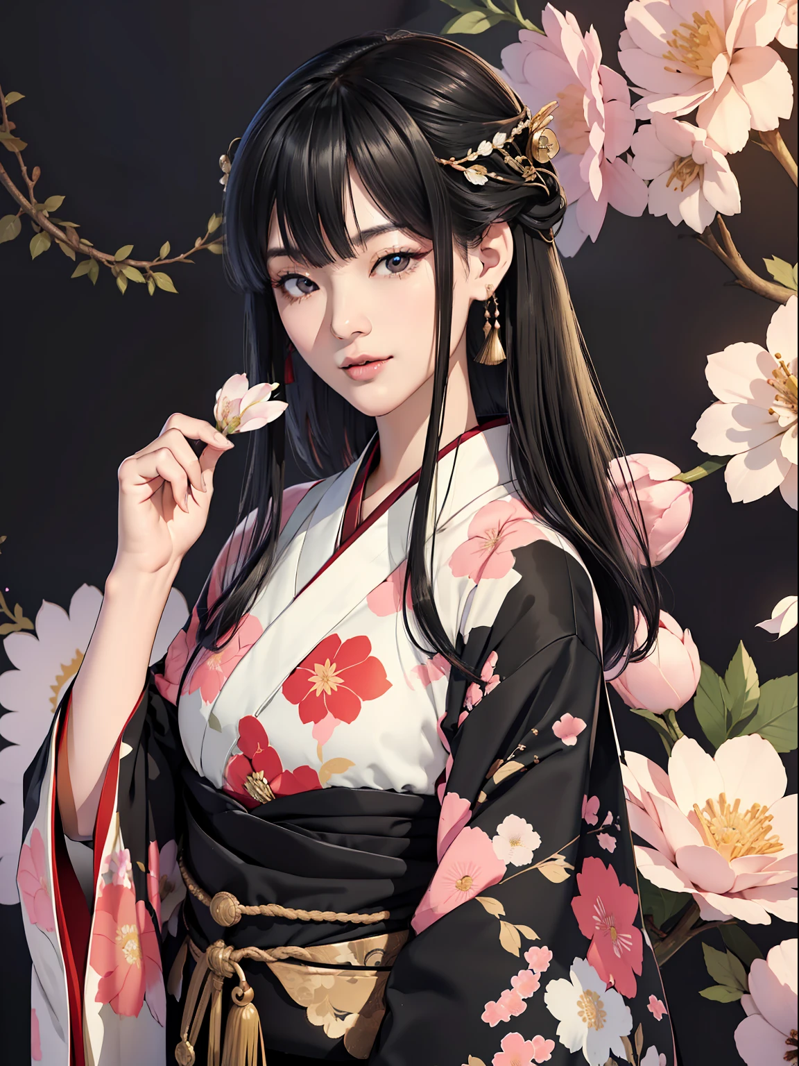 Mature girl、Long Black Hair、A slight smile、Black-haired、Colorful Japan kimono、Nishijin Ori、Delicate and smart eyes、intricate damask hanfu、Luxury accessories、FOV、F1.8、​masterpiece、complex scenes、flower petals flying、Diagonal portrait shot、