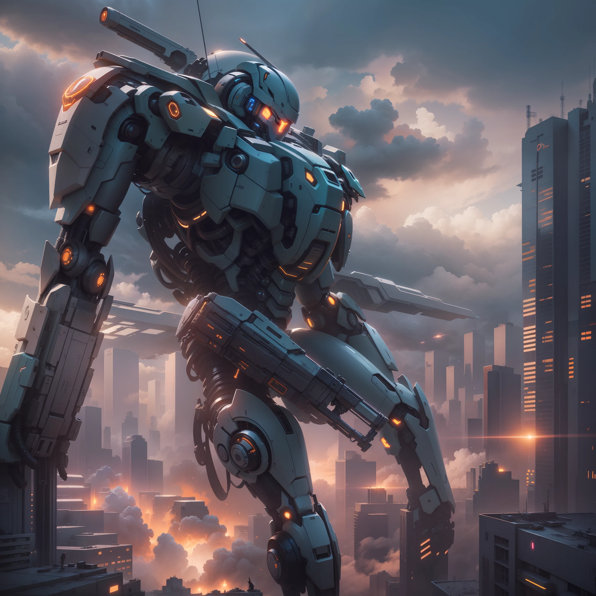 "sky, cloud, holds_weapon, no_human, glowing, robot, building, radiant_eyes, mech, sci-fi, cityscape, realistic, mechanical"