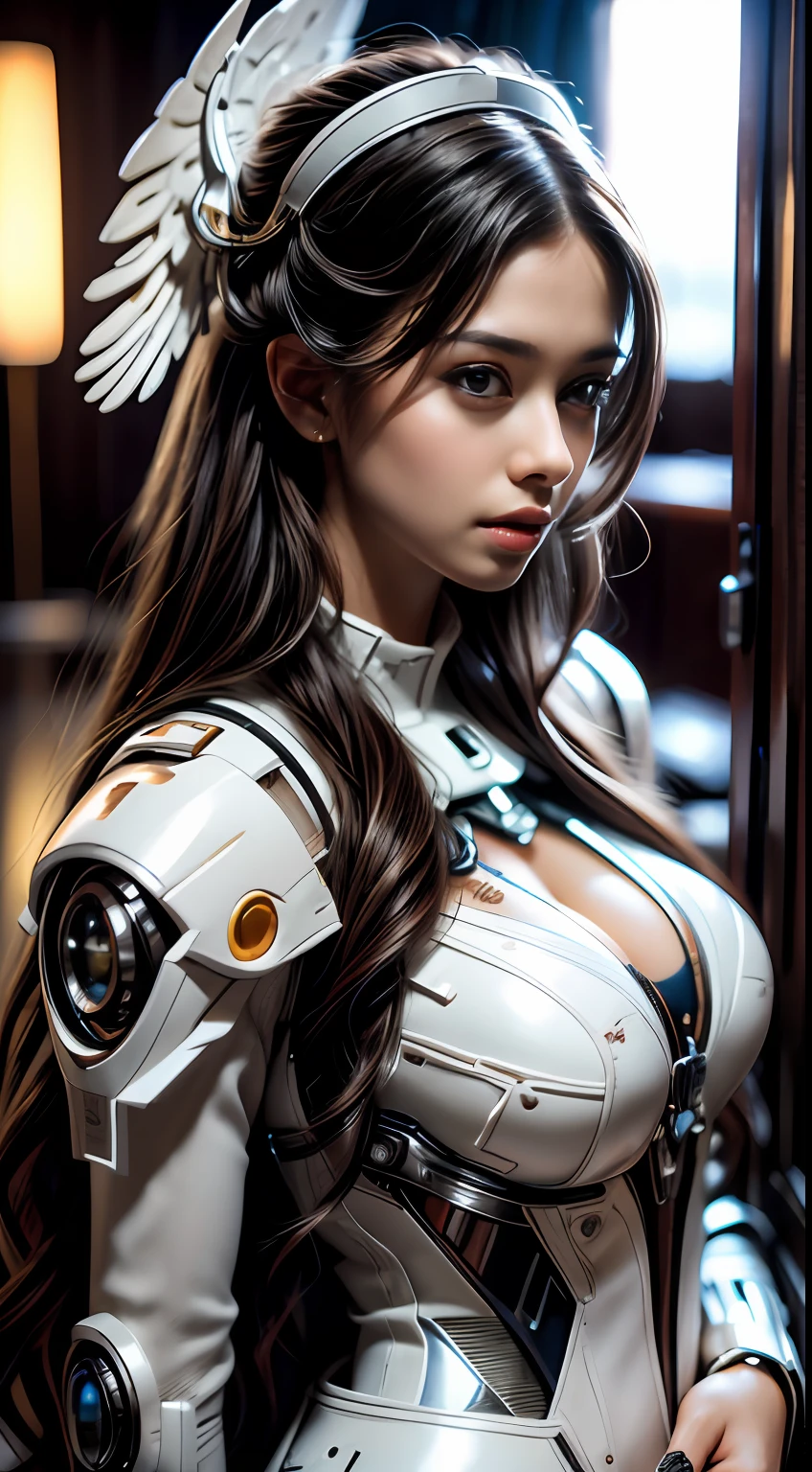 A beautiful woman wearing a white winged mech,(Best quality, Detailed details, Masterpiece, , 4K, Chiaroscuro,The photos are super realistic and realistic, Highly detailed Canon videography )