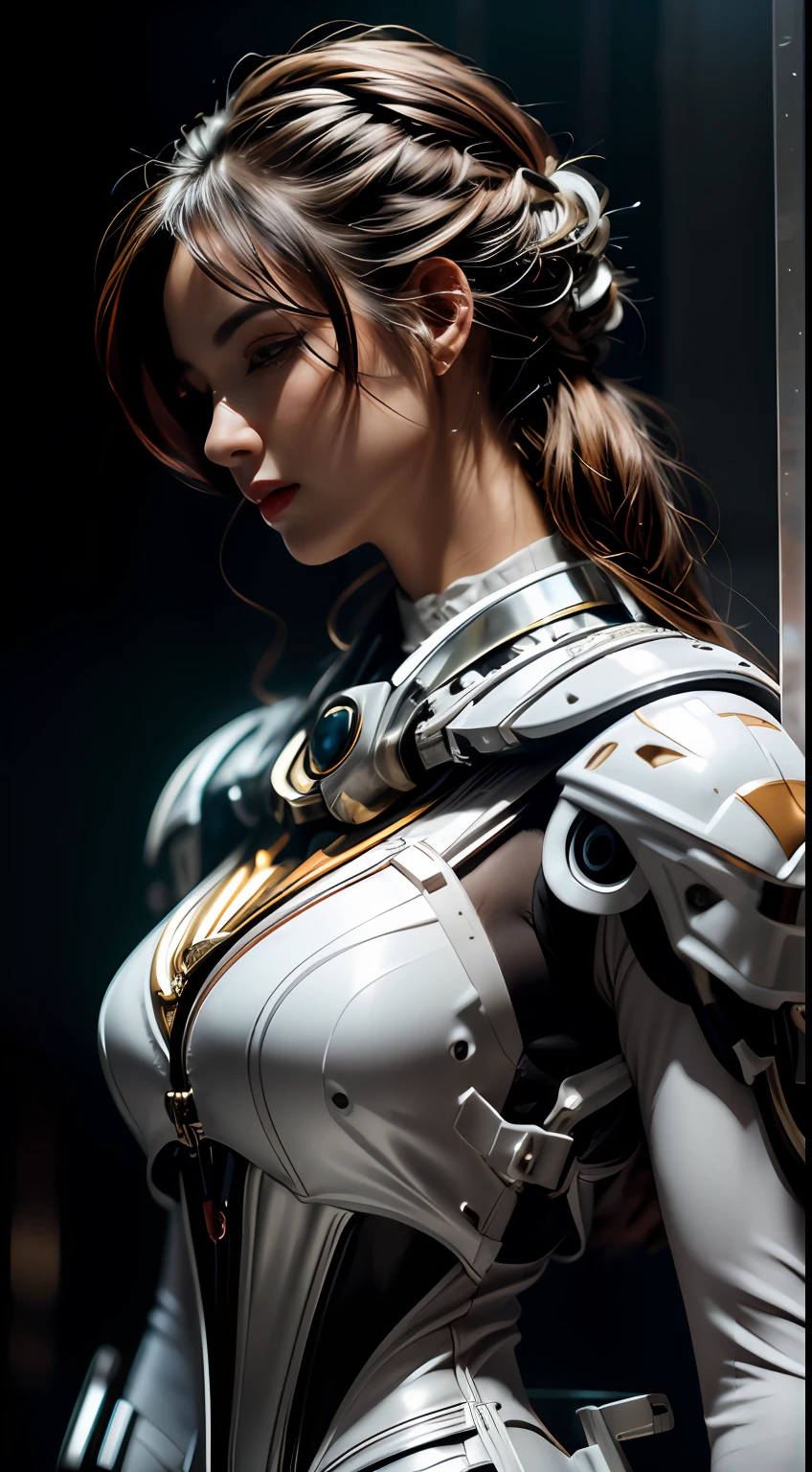A beautiful woman wearing a white winged mech,(Best quality, Detailed details, Masterpiece, , 4K, Chiaroscuro,The photos are super realistic and realistic, Highly detailed Canon videography )