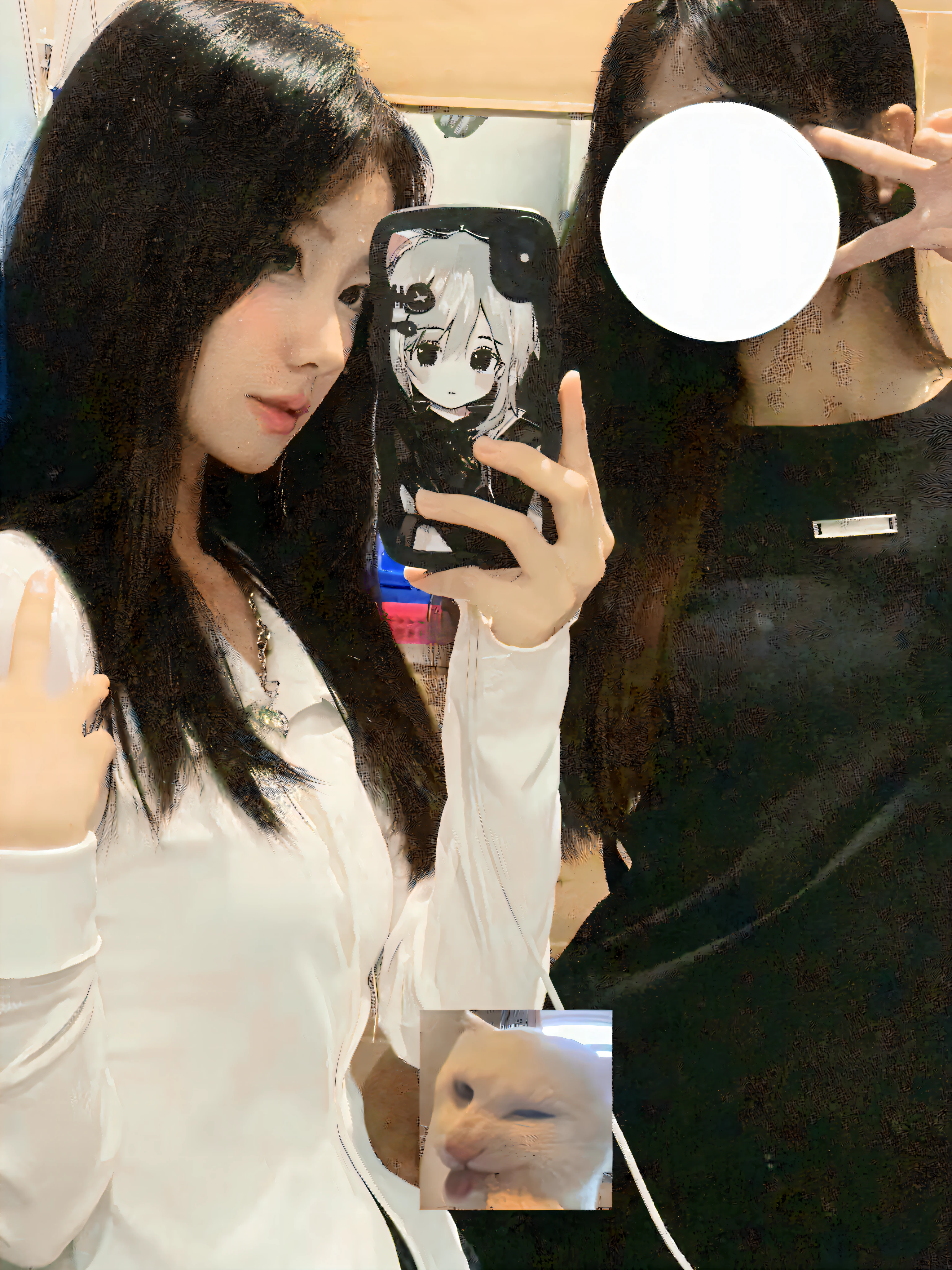 there is a woman that is taking a selfie in a mirror, smooth white tight clothes suit, ulzzangs, 2263539546], Anime girl in real life, 19-year-old girl, trending at cgstation, 1 8 I, 👅 👅, 2 4 year old female model, cruel korean goth girl