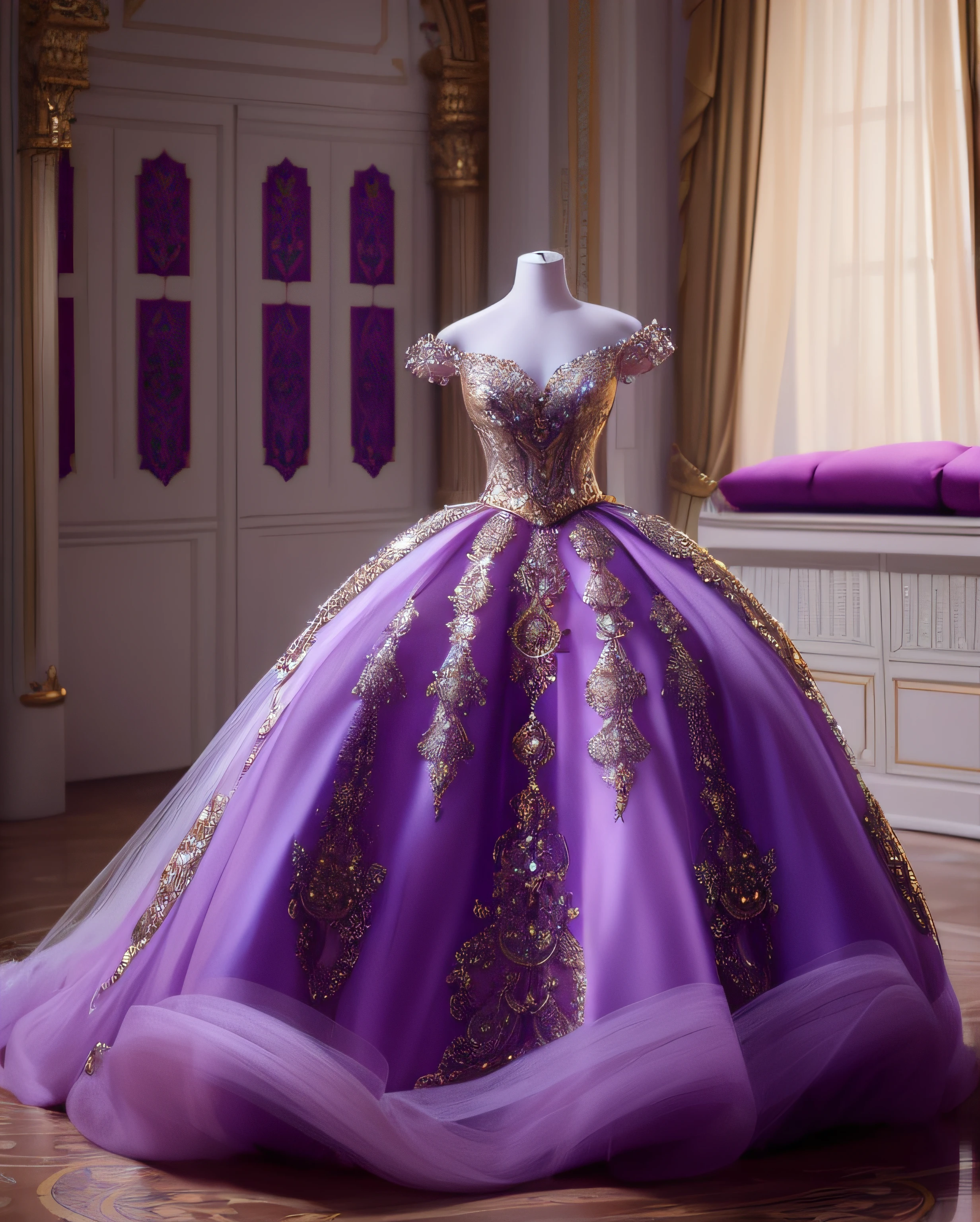 a hyper realistic photograph of a girl standing wearing a majestic light beige and gold ball gown dress, big beautiful dress, intricate puffy ball gown with lots of ruffles and rhinestones (Best quality, masterpiece, ArtStation, Fantasy Art:1.2), a palace room, a beautiful cute girl, (long white hair:1.1), (intricate short gold skirt, bare legs:1.2, full body shot)