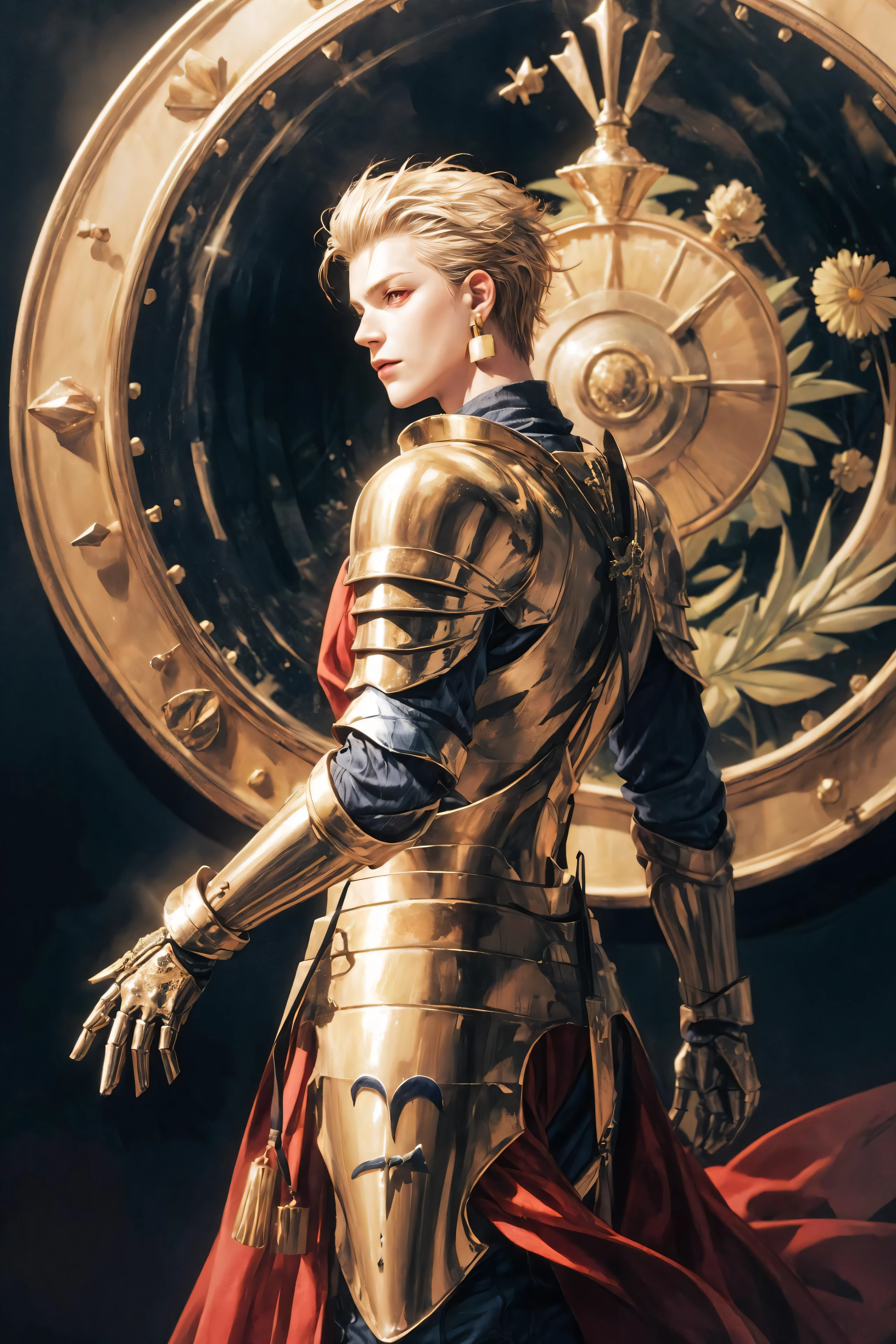 realistic, (masterpiece, top quality, best quality, official art, beautiful and aesthetic:1.2), extremely detailed,fractal art,colorful,highest detailed,zentangle,(golden background) ,(1boy:1.3),cowboy shot,(looking at viewer),original,strong, from below,from side,
filmg, GilgameshFull, short hair, blonde hair,(red eyes:1.2), jewelry, earrings, armor,shoulder armor, pauldrons, hair slicked back, gold armor,