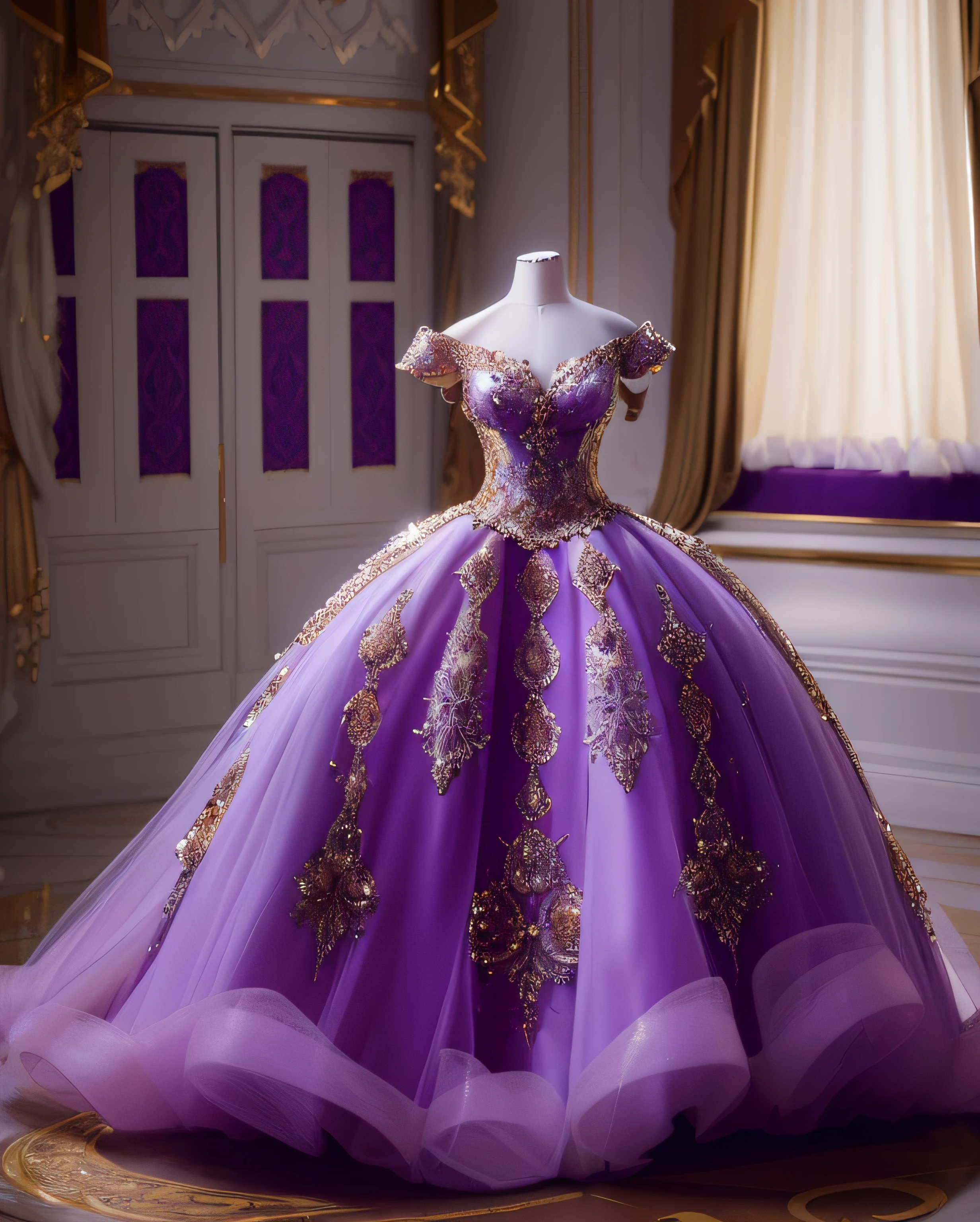 a hyper realistic photograph of a girl standing wearing a majestic light beige and gold ball gown dress, big beautiful dress, intricate puffy ball gown with lots of ruffles and rhinestones (Best quality, masterpiece, ArtStation, Fantasy Art:1.2), a palace room, a beautiful cute girl, (long white hair:1.1), (intricate short gold skirt, bare legs:1.2, full body shot)