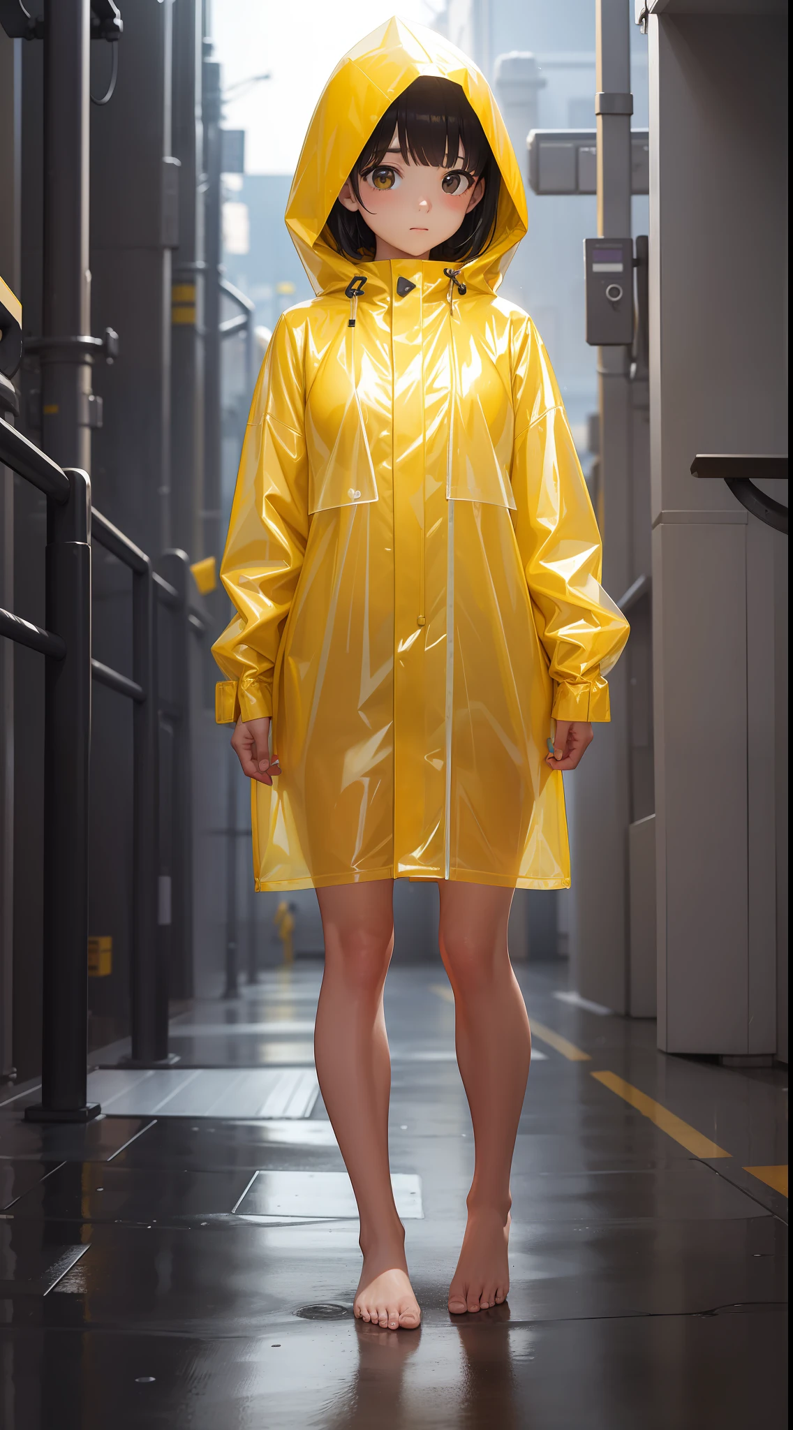 Girl in a yellow cropped raincoat，Raincoat hood to cover face，Optimize hand movements，Optimize finger detail，full body pov，Squat position，Barefoot，Accentuate the texture of raincoats and gelcoats，Accentuates the translucent texture of the raincoat