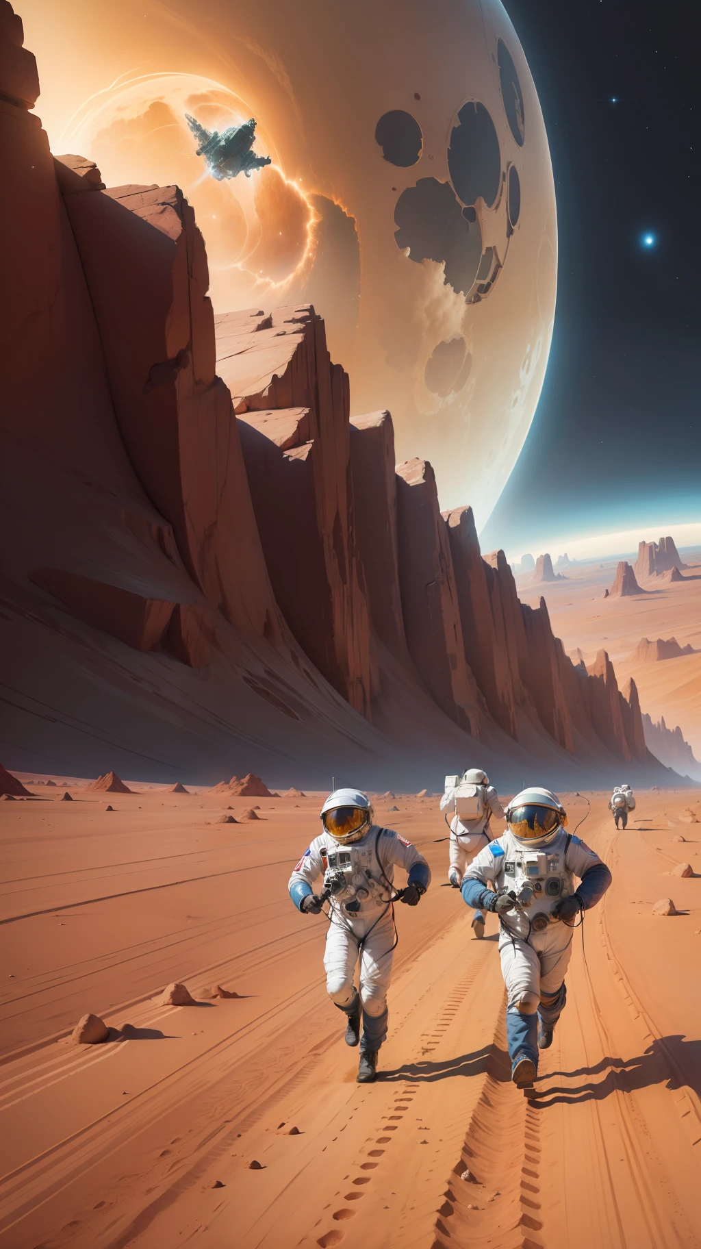 Astronauts running towards their spaceship, on a red planet, in space.