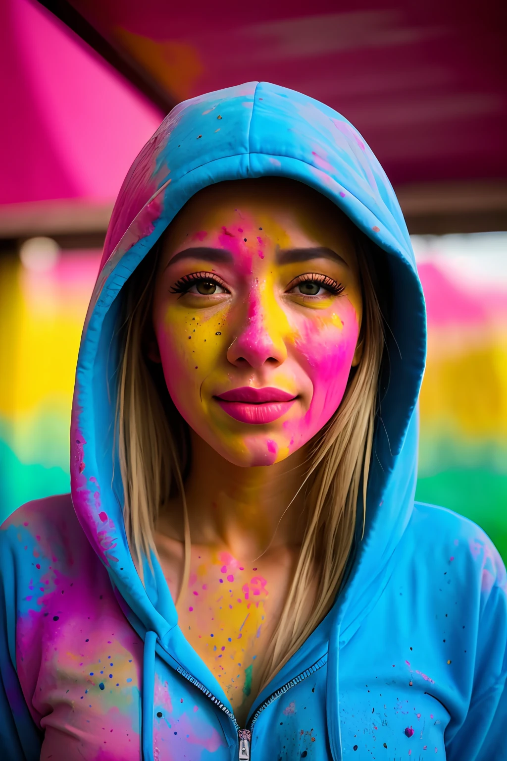 beautiful asiática college woman, wearing hoodie, looking at viewer, holi color festival, portrait, hyper detailed  POV, by lee jeffries, nikon d850, film stock photograph ,4 kodak portra 400 ,camera f1.6 lens ,rich colors ,hyper realistic ,lifelike texture, dramatic lighting , cinestill 800, sexy;