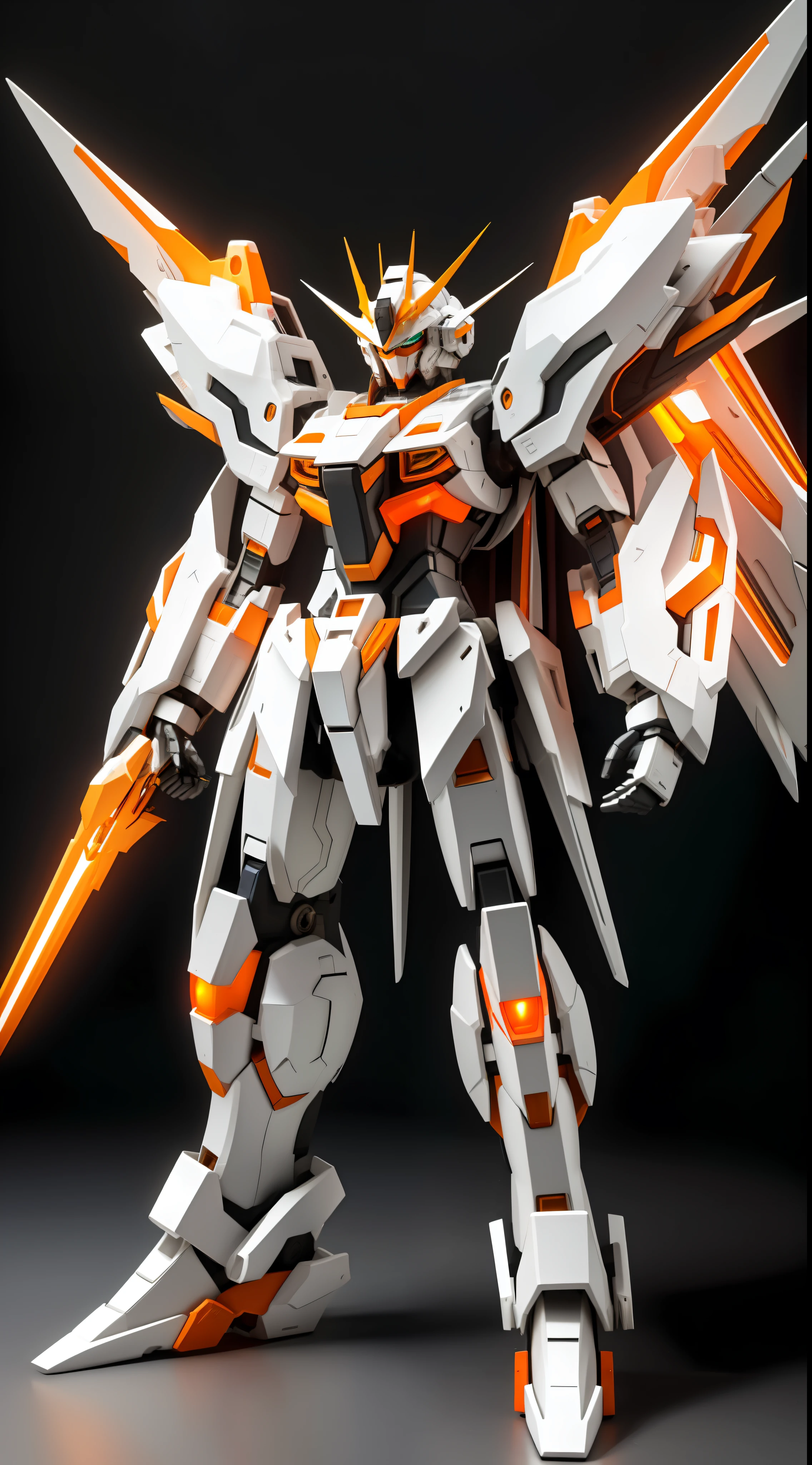 Dynamic photography,High exposure,closeup cleavage,White Orange Gundam Mech,Style spreads its wings,Lens perspective,Sense of story,Combat posture,soft ambient light,high definition detail,Metal tension。