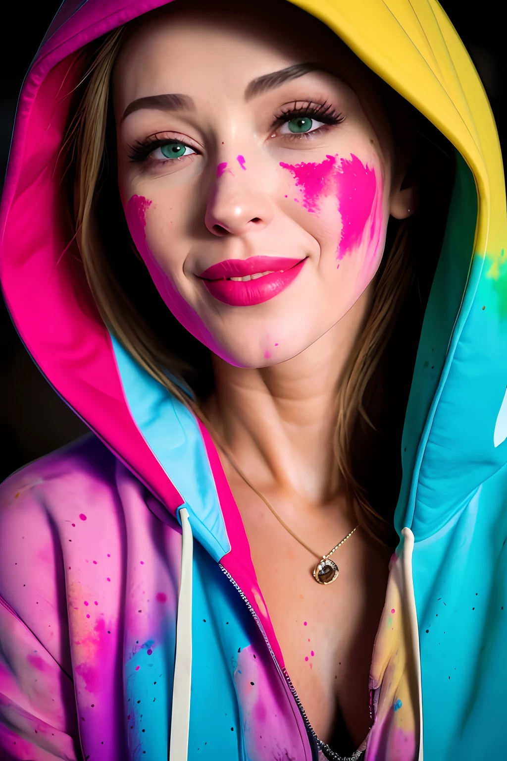 beautiful American college woman, wearing hoodie, looking at viewer, holi color festival, portrait, hyper detailed  POV, by lee jeffries, nikon d850, film stock photograph ,4 kodak portra 400 ,camera f1.6 lens ,rich colors ,hyper realistic ,lifelike texture, dramatic lighting , cinestill 800,