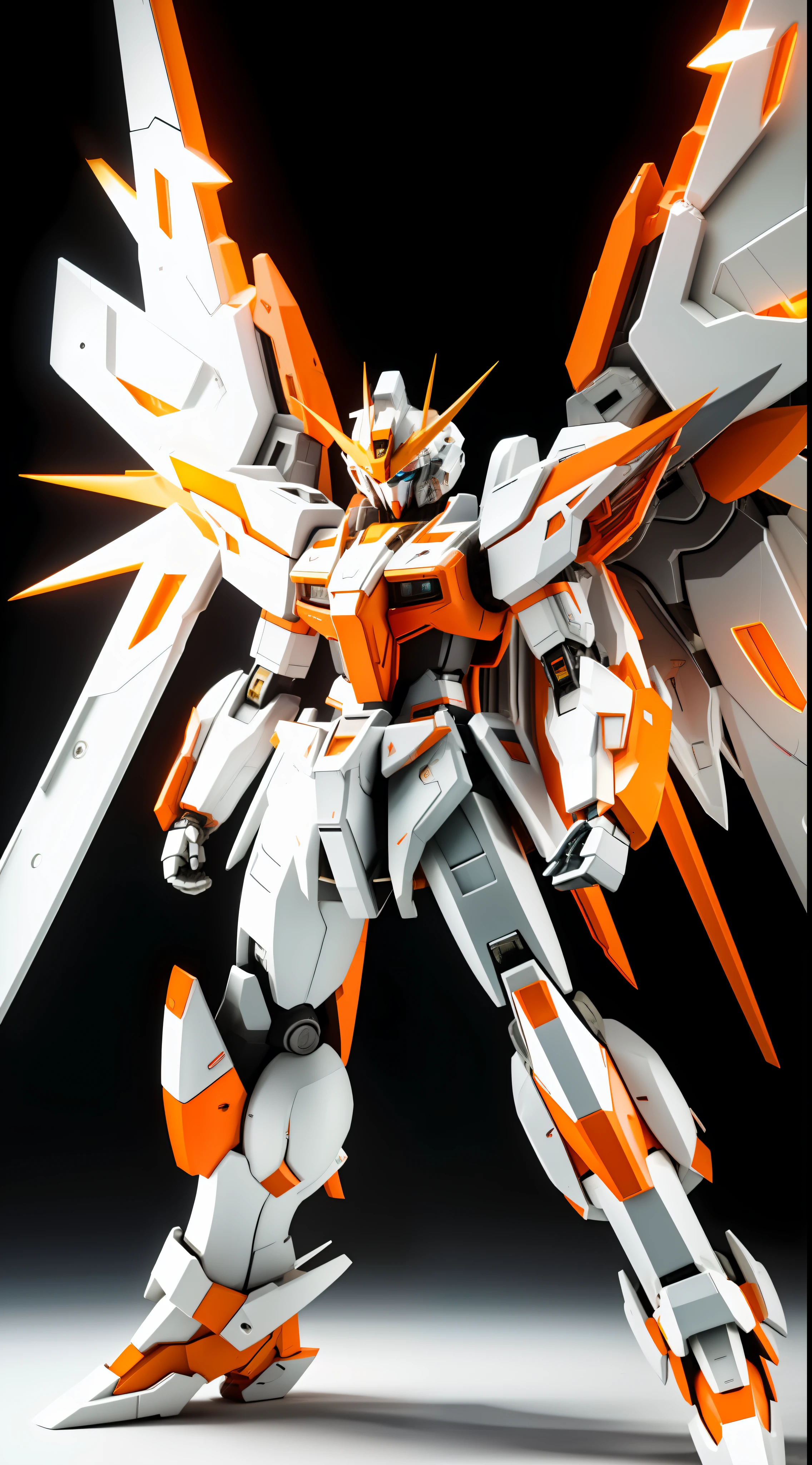 Dynamic photography，High exposure，closeup cleavage，White Orange Gundam Mech，Style spreads its wings，Lens perspective，Sense of story，Combat posture，soft ambient light，high definition detail，Metal tension。