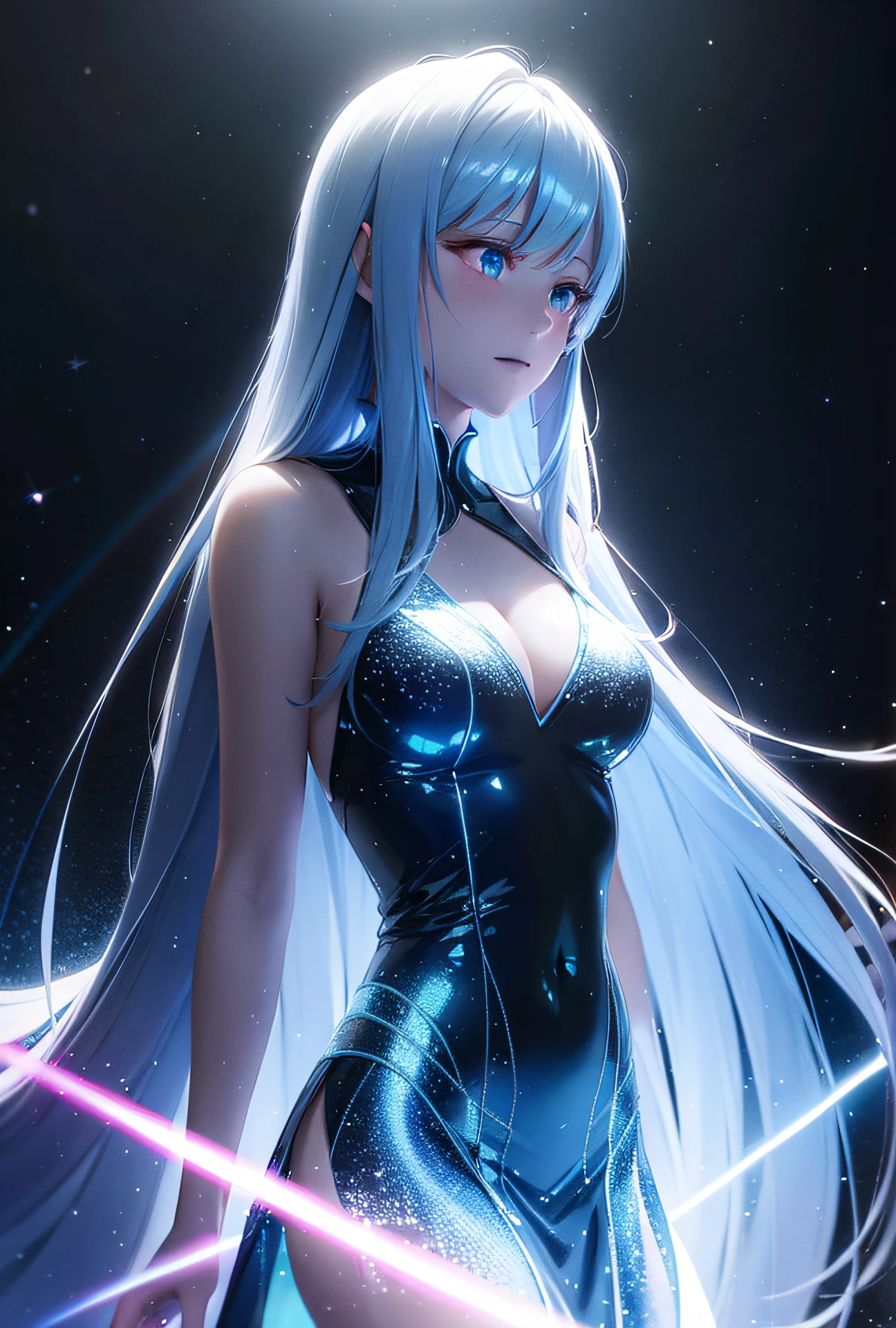 woman,long hair ,sunlight ,medium breasts, iridescent dress, glowing stars, A digital illustration, glowing stars, defraction spikes, chromatic aberration, AND (glowing, holofoil:0.6),