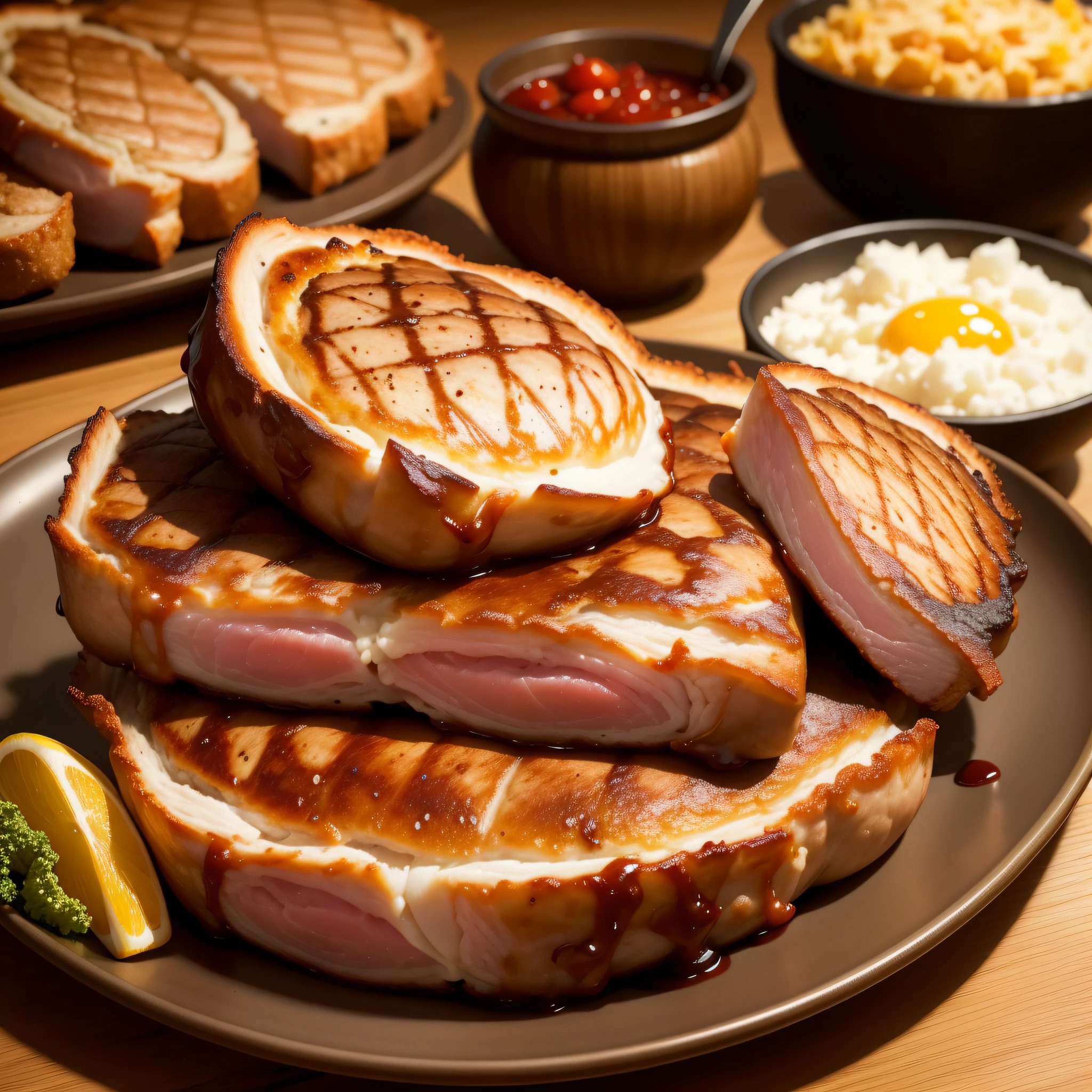 Close-up of the food on the table, Lots of pork chops, anime style, masterpiece, high details, high quality, 8k