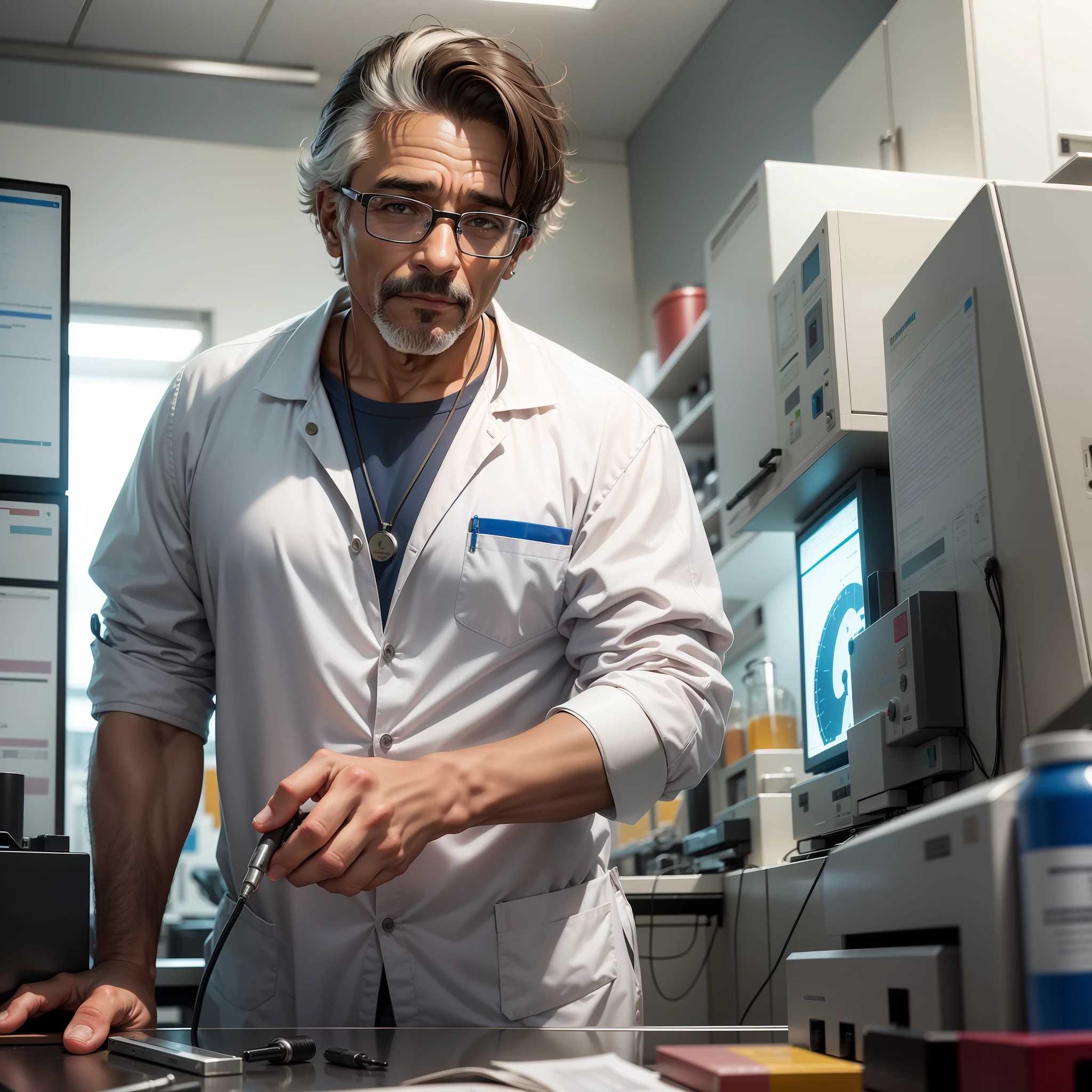 a single 50-year-old man, laboratory equipment technician, de frente para mim, com avental branco de trabalho