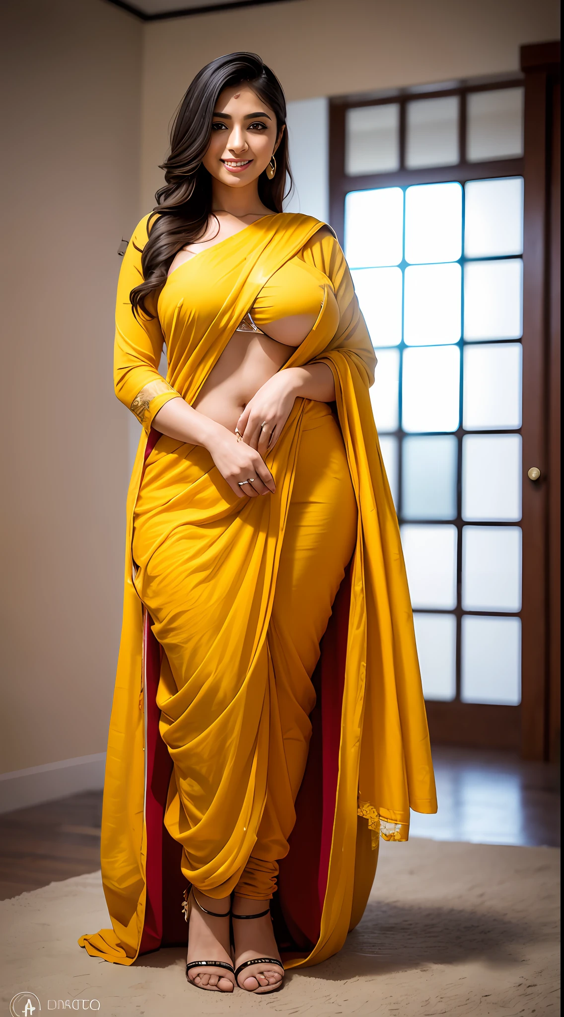 24-28 Years Old beautiful indian female fashion mode, translucent skin,dressed in yellow frock suit,Happy expression on face,wedding background, extremely realistic, 8k, big breasts, beautiful face, beautiful body, Dynamic pose, feminine curves, insane details, intricate details, cinematic color graded,Color Grading, Editorial Photography, Photography,sharp focus, taken with a 60mm lens, ISO 300, f/4, 1/200th, uhd, full body photo