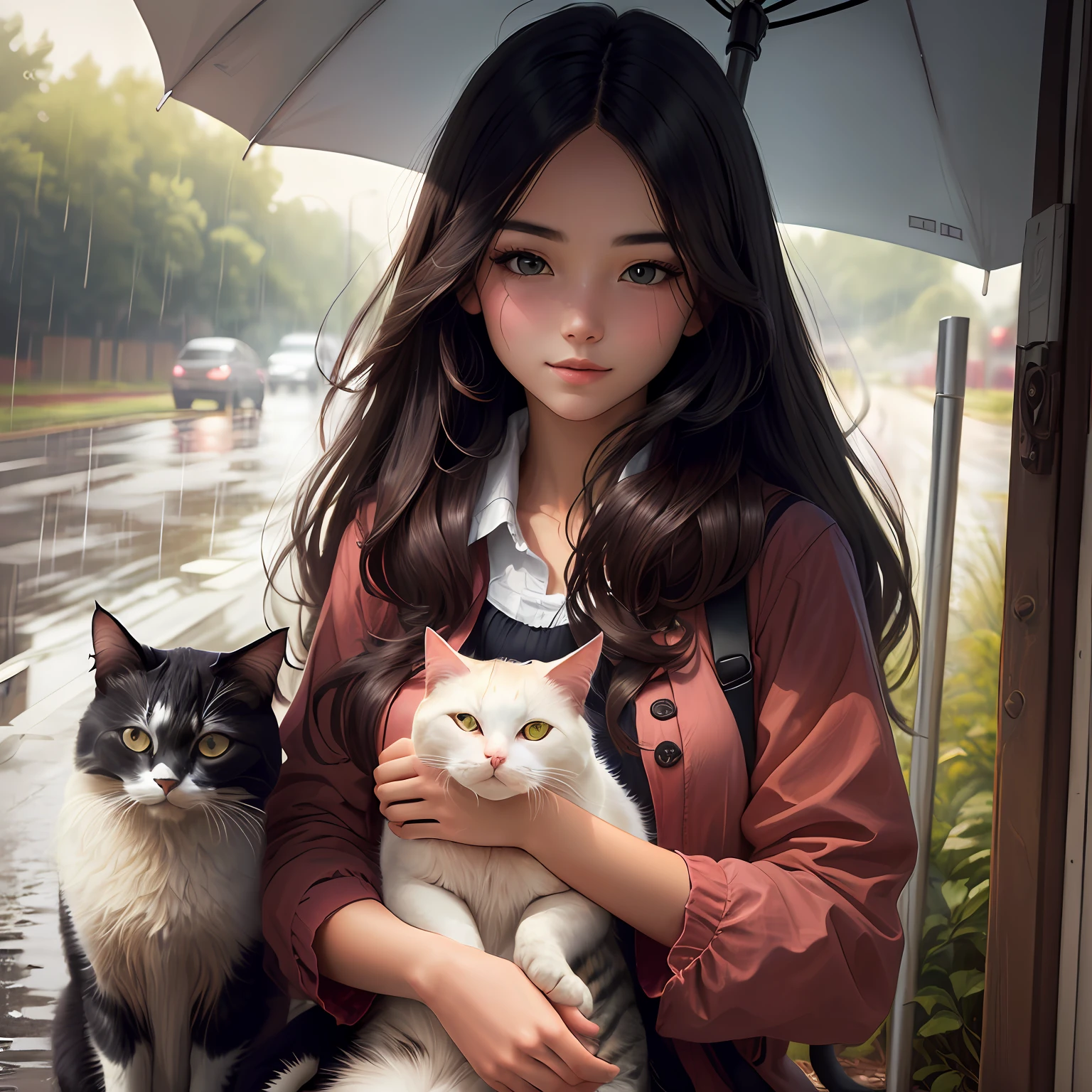 Good quality long haired girl with a cat in her hands in the rain