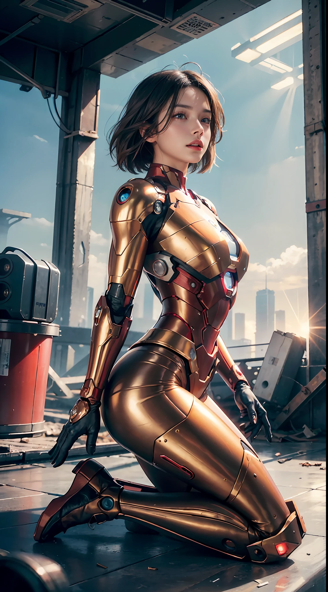 RAW, Masterpiece, Ultra Fine Photo,, Best Quality, Ultra High Resolution, Photorealistic, Sunlight, Full Body Portrait, Stunningly Beautiful,, Dynamic Poses, Delicate Face, Vibrant Eyes, (Side View) , she is wearing a futuristic Iron Man mech, red and gold color scheme, highly detailed abandoned warehouse background, detailed face, detailed and complex busy background, messy, gorgeous, milky white, high detailed skin, realistic skin details, visible pores , sharp focus, volumetric fog, 8k uhd, dslr camera, high quality, film grain, fair skin, photorealism, lomography, sprawling metropolis in futuristic dystopia, view from below, translucent