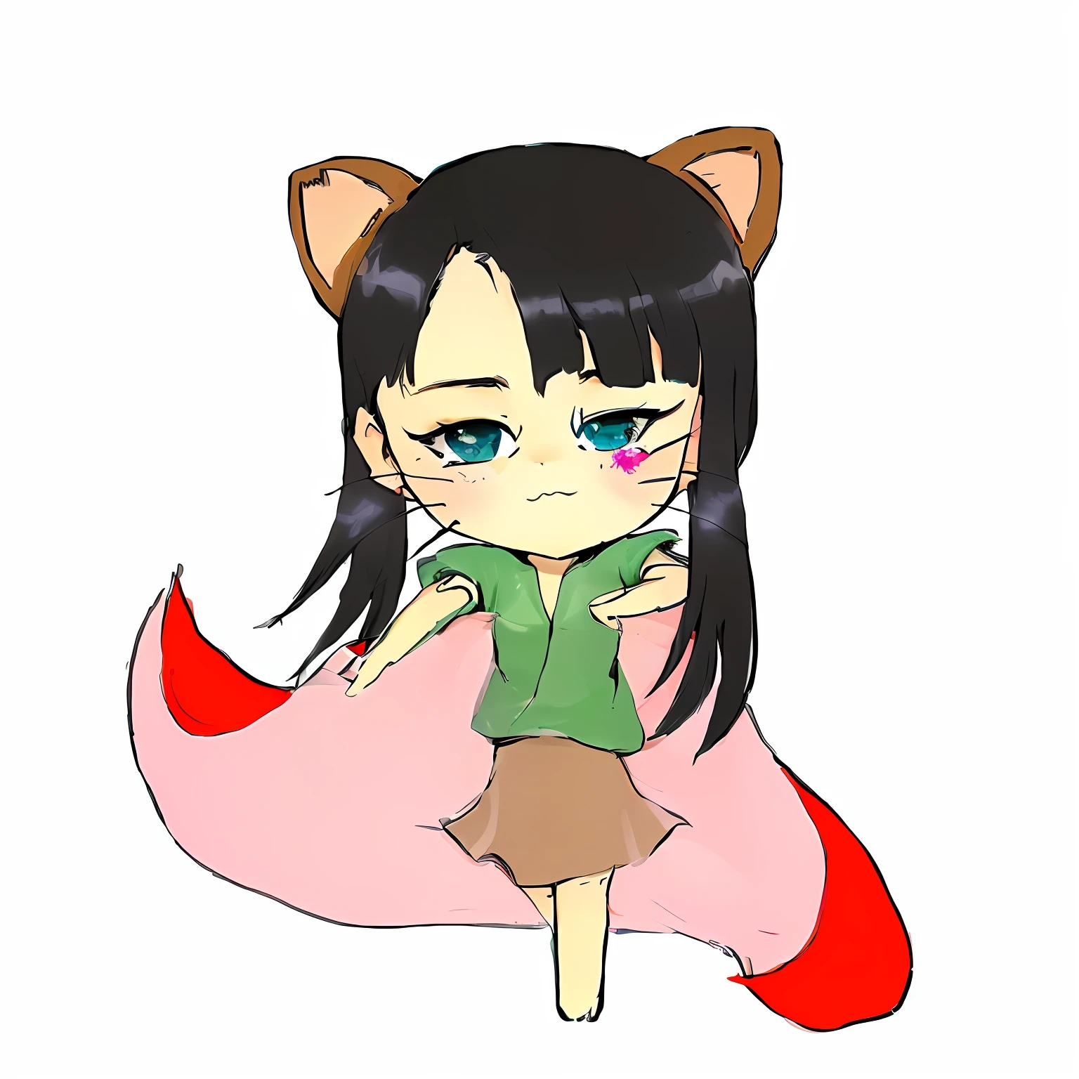 superfine illustration、Beautiful illustration、Anime girl with black hair and green shirt and pink skirt, anime catgirl, Cute!! Chibi!!! catgirl, Nekomimi, ahri, cute anime catgirl, anime cat, Cat Girl, fox nobushi, Chibi, catgirl, foxes, Very Beautiful Anime Cat Girl, In anime style, beautiful anime catgirl, mitsumayo