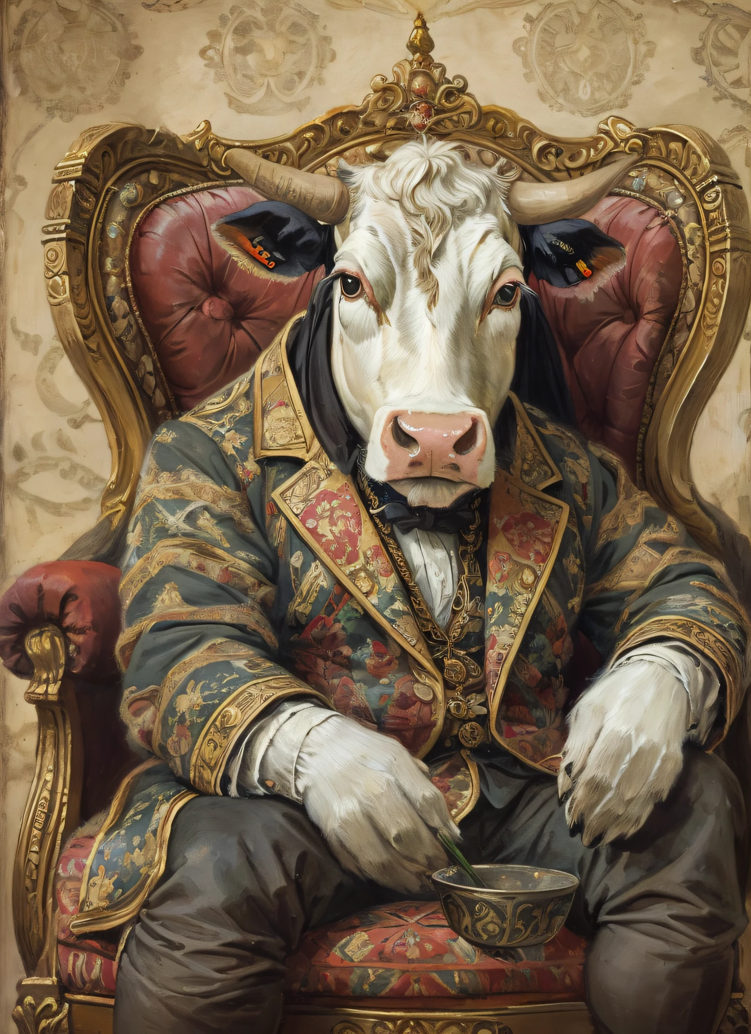 Three-quarters side，A cow dressed in a gentleman's filigree patterned costume, wearing noble clothes,Sit in a gorgeous chair，rcasual，reading a newspaper，Voith, painted in high resolution, Inspired by Albert Kuyp, Inspired by Nicolas Eliasson Pikenoi, inspired by Nicolaes Maes, sportrait, author：Tadeusz Pruszkówski, Inspired by Ferdinand Bohr's bullhead，The hand is a cow's hooves