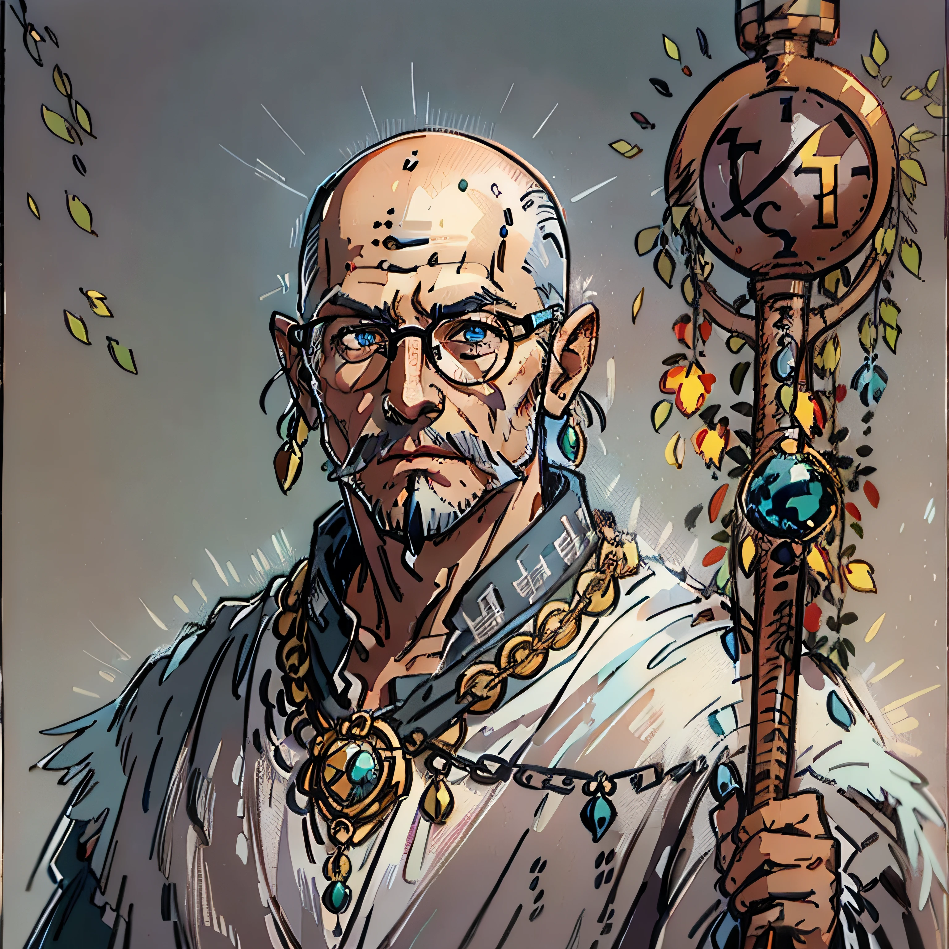 A man around 48 years old, tall, slender, wearing glasses, with little hair, almost bald, dressed in all white, holding a staff, with several necklaces adorned with colorful stones around his neck. RPG character portrait, medieval fantasy, (black hair 1.2), (no facial hair 1.2)