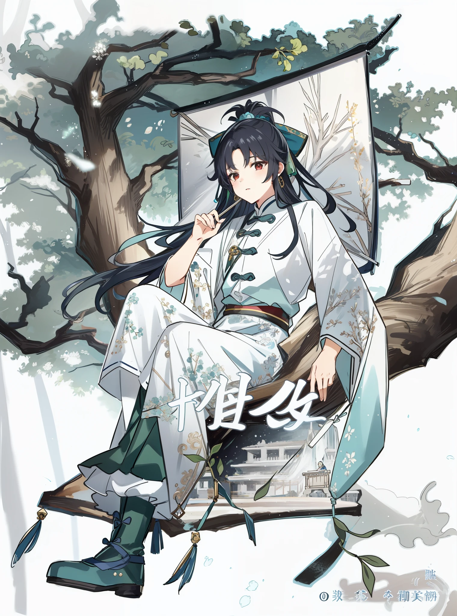 Anime characters sitting on tree branches,Holding a green umbrella, Inspired by Bian Shoumin, Palace , A girl in Hanfu, Inspired by Zhao Yuan, Inspired by Seki Dosheng, Inspired by Cao Zhibai, Guviz, inspired by Huang Gongwang, Inspired by Song Maojin, Inspired by Xiao Yuncong, inspired by Zhang Wo