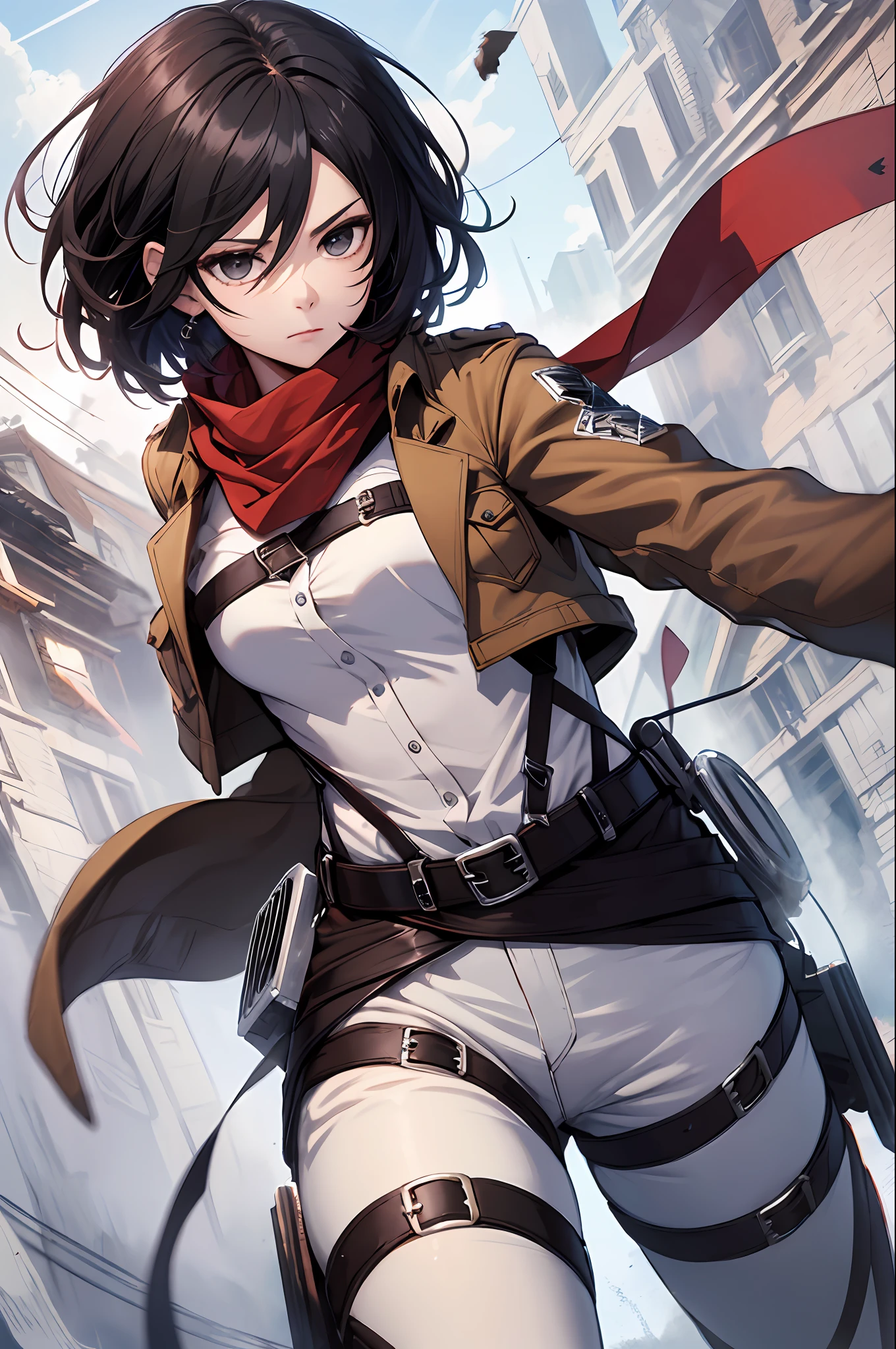 masterpiece, best quality, highres, hmmikasa, short hair, black eyes, scarf, emblem, belt, thigh strap, red scarf, white pants, brown jacket, long sleeves, holding weapon, sword, dual wielding, three-dimensional maneuver gear, fighting stance, sky, highest quality, high resolution.