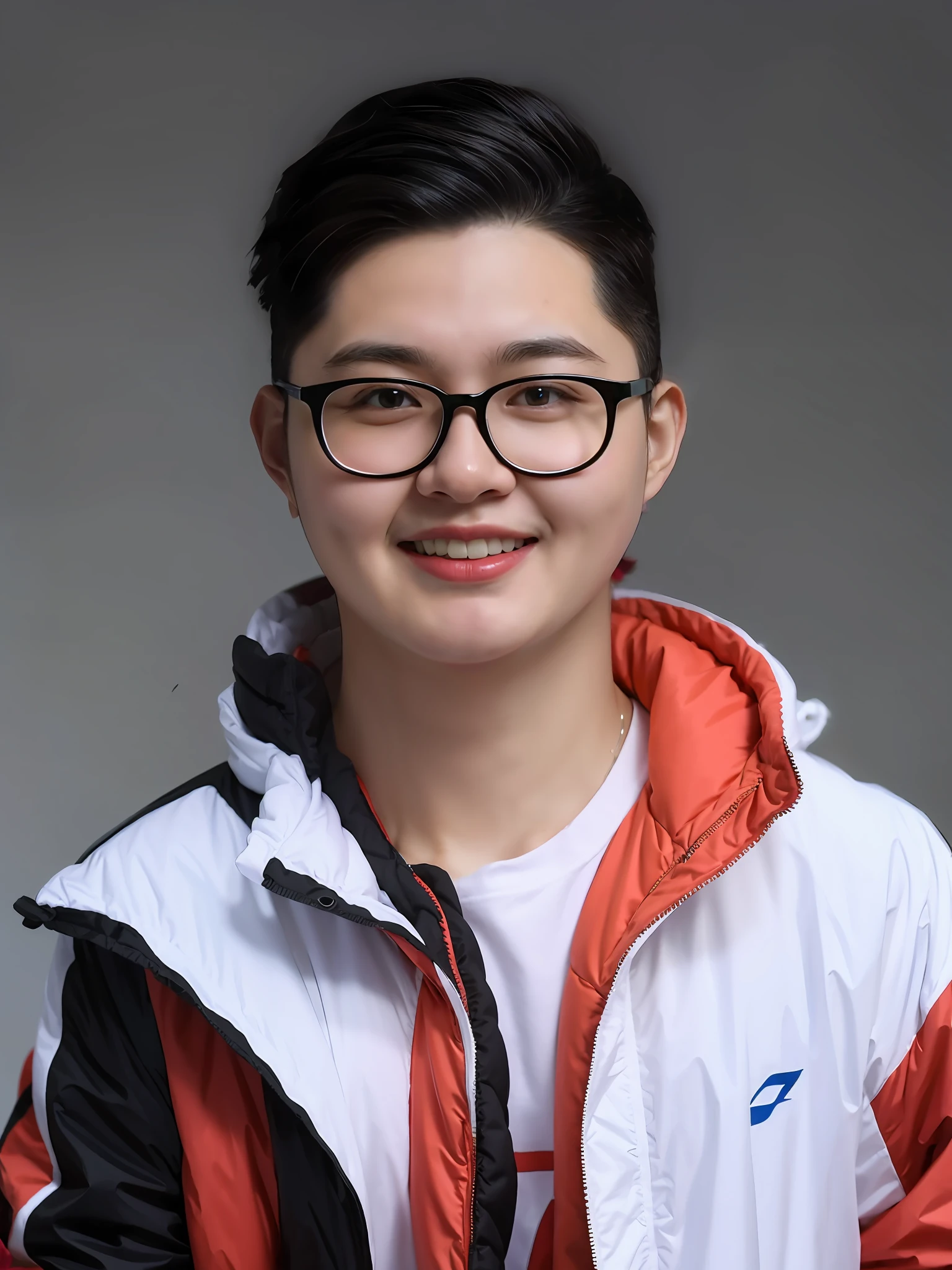 A Chinese male high school student，Wearing a colorful storm jacket