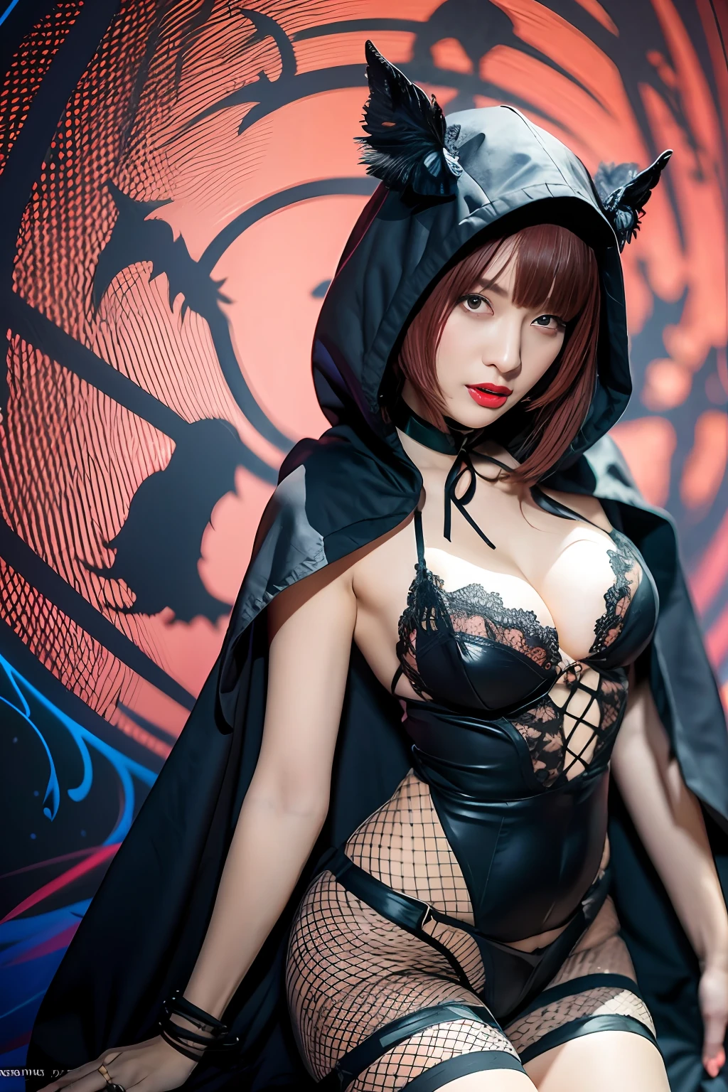 portrait of a full body、top-quality、hight resolution、Best Shadow、Blue flames on red moonlit forest background、Dark Fantasy、Japan Idols、Beautiful Grim Reaper Cosplay Girl、Blue Flame Scythe、Red mouth、Beautiful fangs、A sneaky face that captivates tiny beautiful viewers、Big red eyes、Black Lace Fabric Dress、Cloak imitating crow wings in the hood、a red choker、red bracelets、Red high heels、fishnet tights、beautifull hands、Beautiful Finger、Hourglass body、Colossal tits、spread large black feathers on the back,,,Flock of crows、Girl with blue flame on body、Grim Reaper's Scythe、short orange hair、