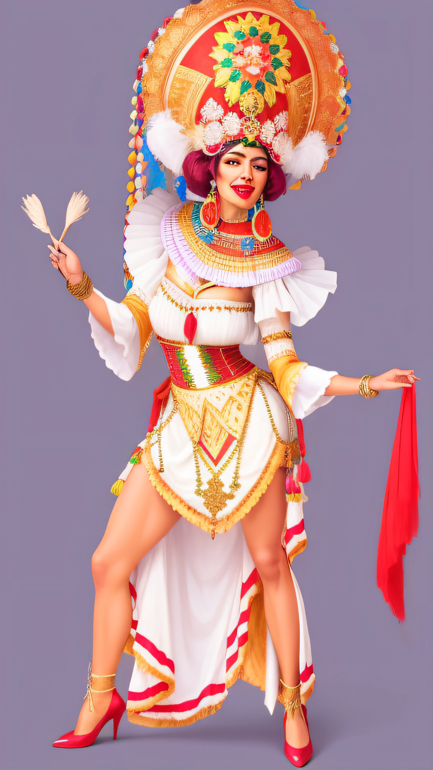 Arafed Mujer con un disfraz con un gran sombrero y un par de tijeras, Disfraz elaborado, Disfraz de Tai, celebration costume, Disfraz de joya, authentic costume, Vestuario de teatro de alta calidad, Cuerpo completo con disfraz, inspirado en Chica danzando el baile de las tijeras, Llevar un atuendo adornado, exotic costumes, Traje tradicional, extravagante elegantemente decorado, inspirado en Tadanori Yokoo