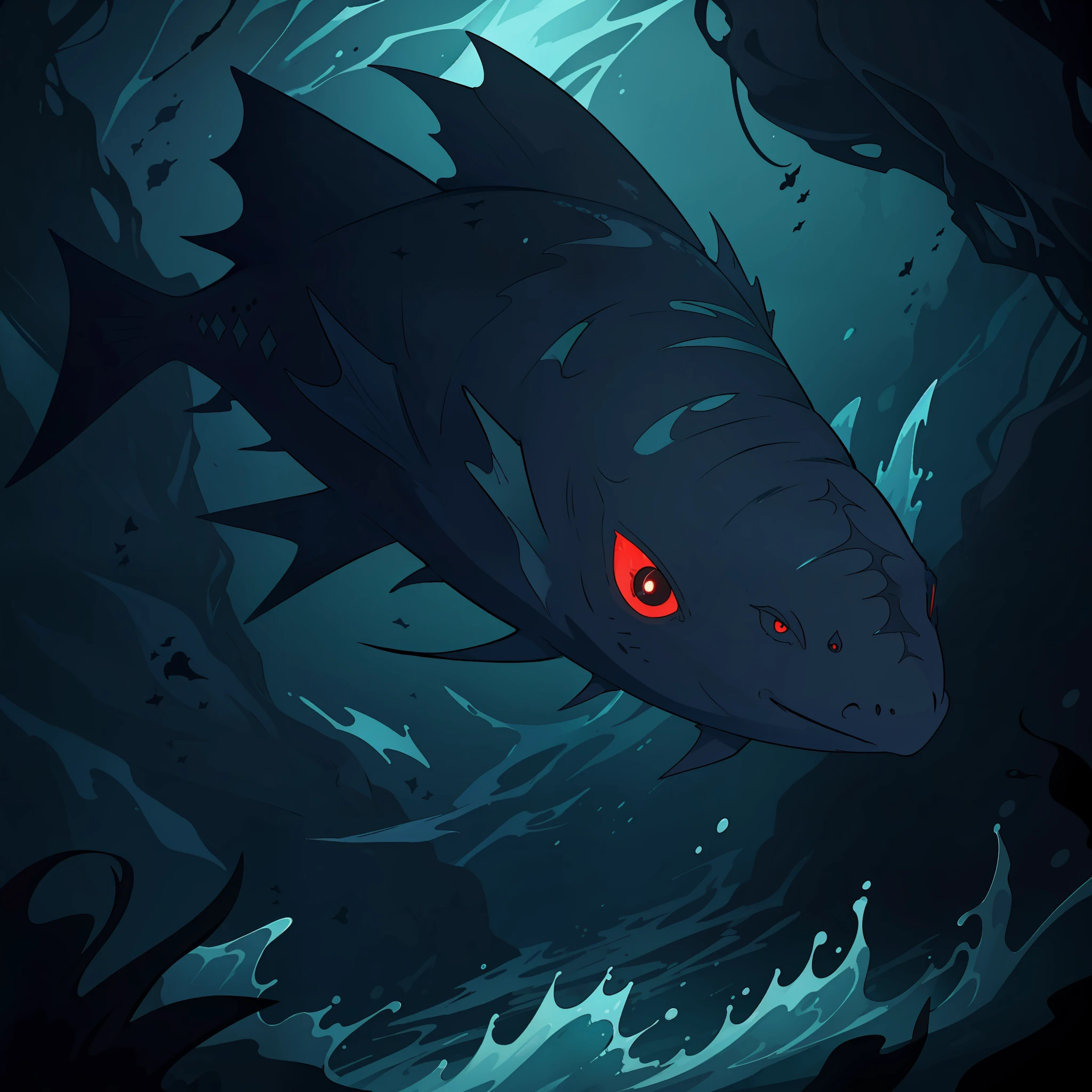 A fish that is ghostly evil and creepy, ebony black fish scales, long trailing black fins, glowing crimson eyes, deep ocean, masterpiece, best quality