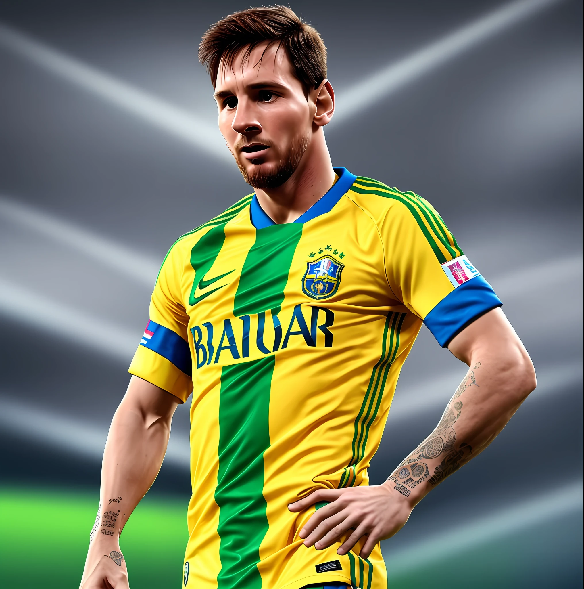 Messi with ultra-realistic Brazilian national team shirt --auto --s2