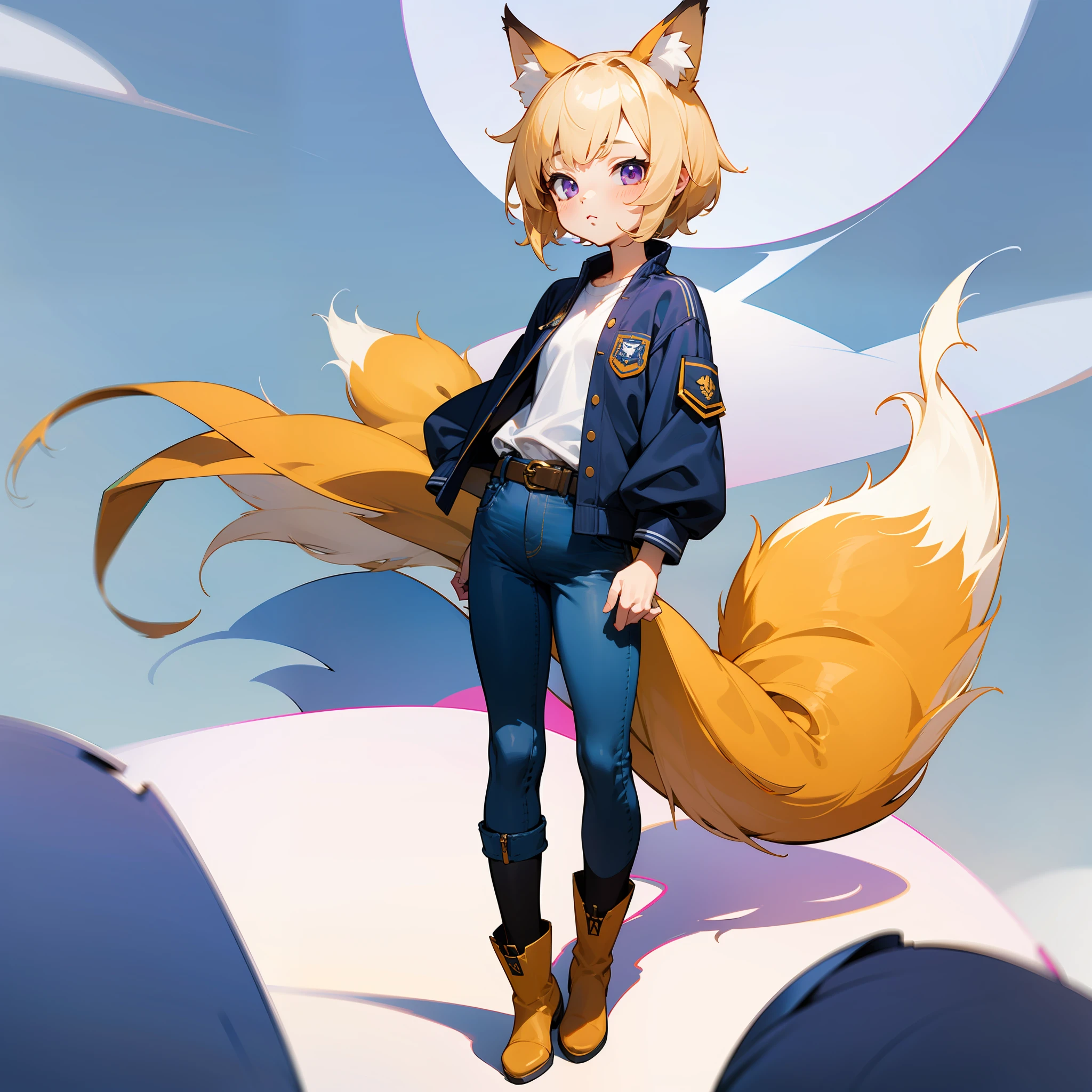 wearing a navy blue jacket over a white shirt, fox ,gold hair , illustration, 1girl, sd ,chibi , comedically small, cute ,little ,whole body ,stand ,loli ,wearing navy blue jeans shorts ,wearing black belt ,fox girl ,fox ears grew ,short hair ,wearing white boot ,wearing long black socks ,fox tail grow ,purple eyes