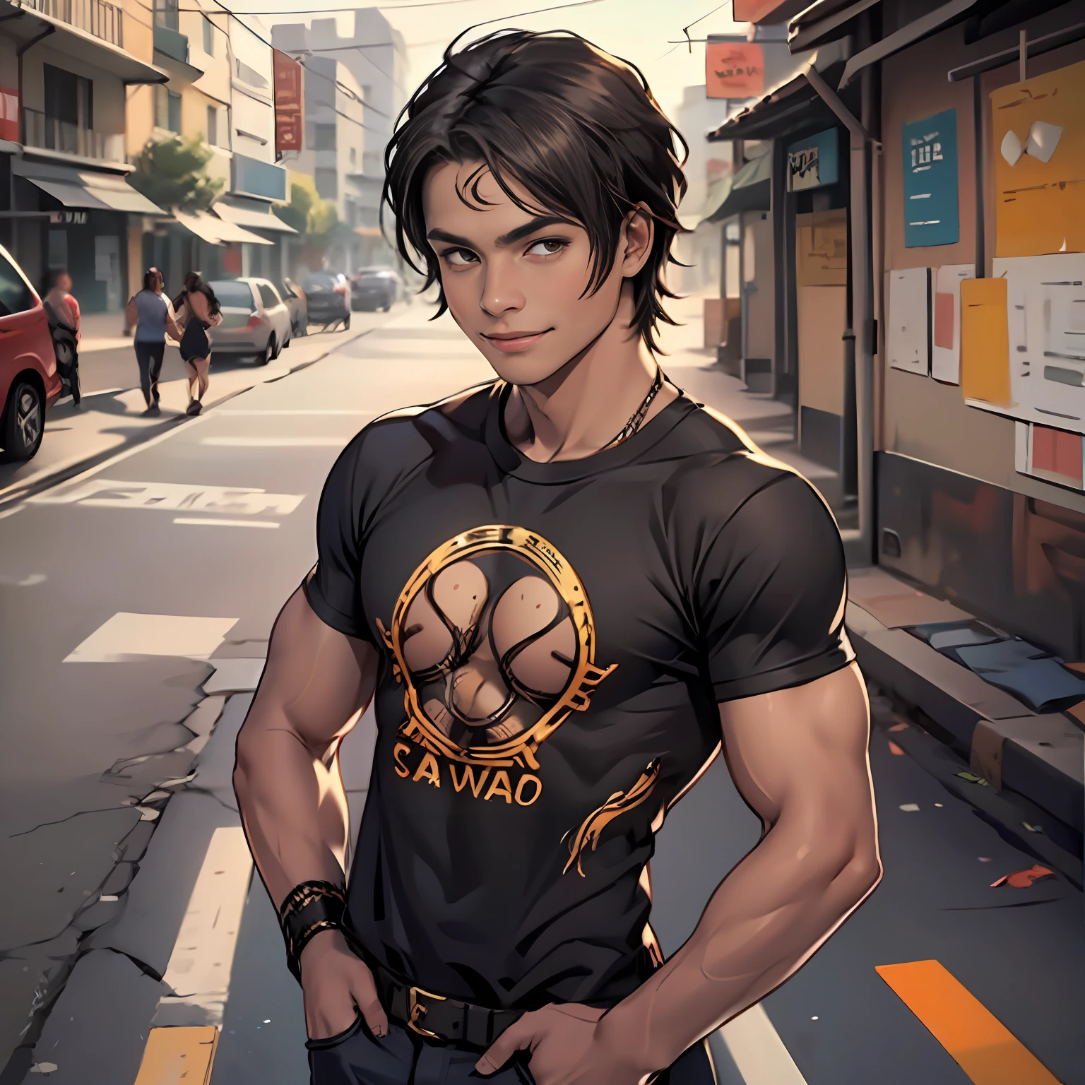 camiseta color negro con dorado camiseta ajustada al cuertpo ultra realista, -yeld boith brown cinnamon skin, cuerpo atletico tonificado cabello liso,masculino serio pensativo observador tiene el dorso desnudo camiseta negra ajustada al cuerpo sin estampado ni dibujos caminando, sonriendo por las calles de una moderna ciudad un amigo cernaco se acerca por atras y lo abraza