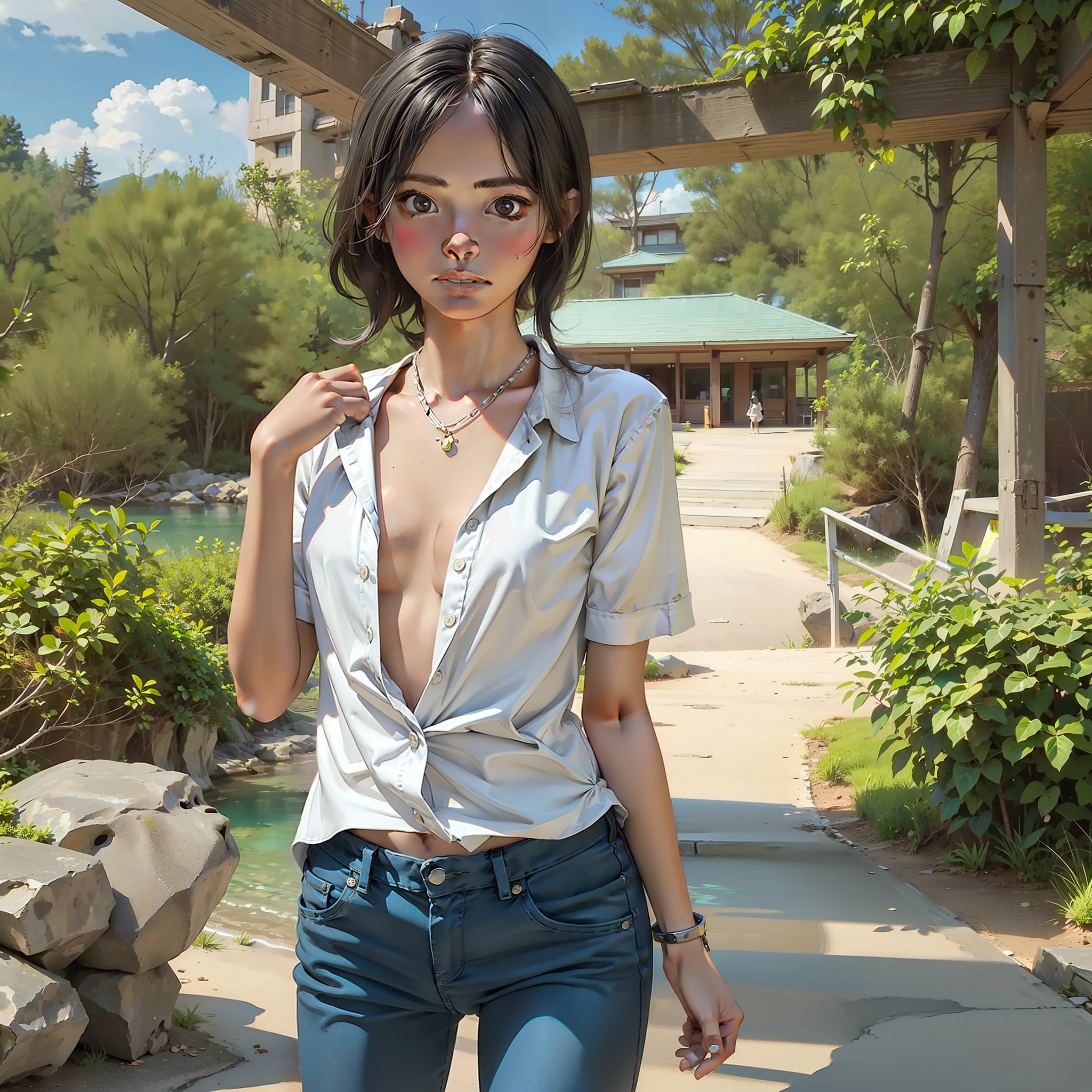 Mujer hermosa. Buen cuerpo. Camisa blanca.pantalon corto.Fondo natural.