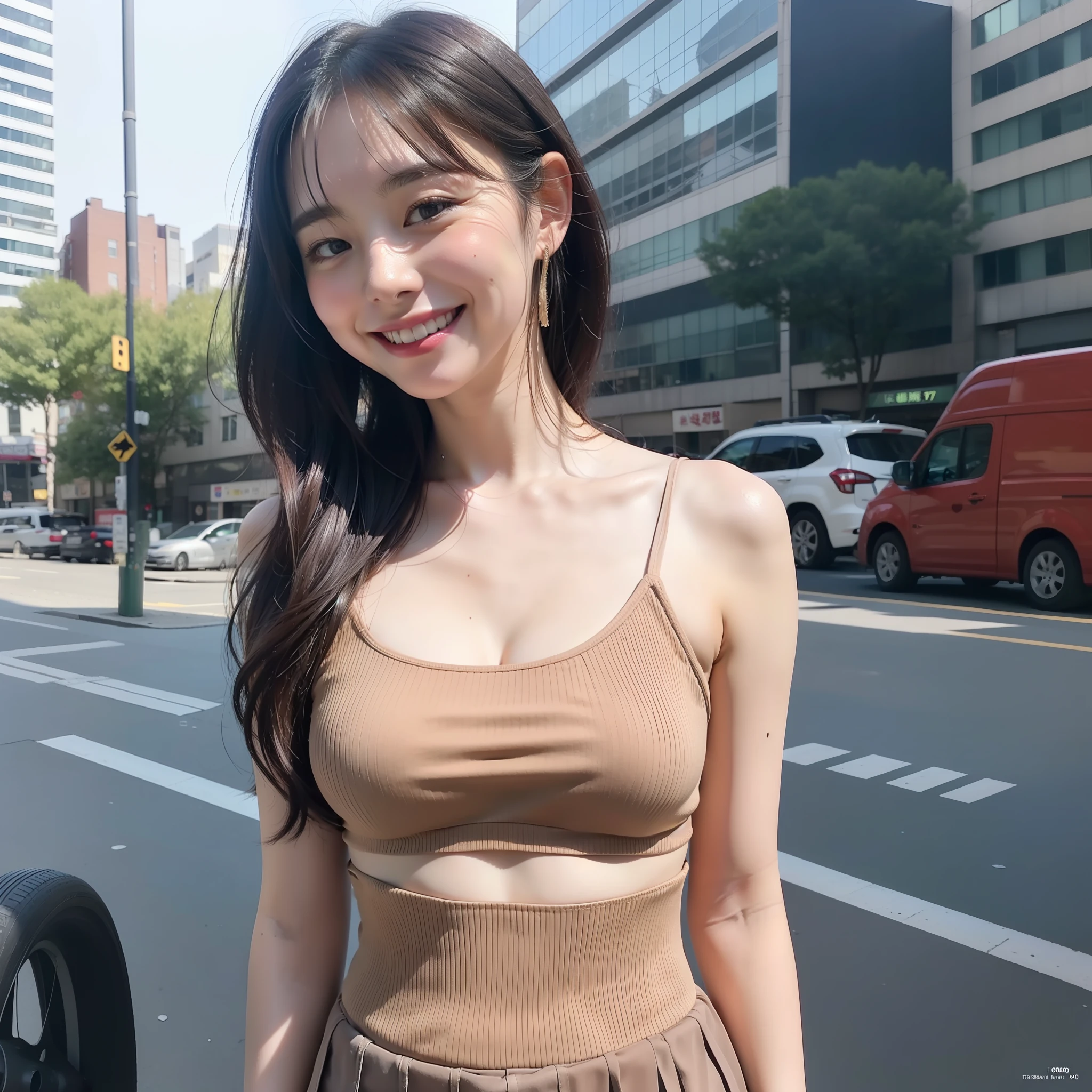 (in 8K, Raw photo, 超A high resolution, Best Quality, masutepiece:1.2), (realistic illustration), (the Extremely Detailed CG Unity 8K Wallpapers), absurderes, 1 girl in, 18 yo, Cute face, ren, medium breasts, Black medium hair, Smile, Tilting head, grin, Upper body, a miniskirt, Tube Top, In the city, Upper body, 乃木坂アイドル, 女優