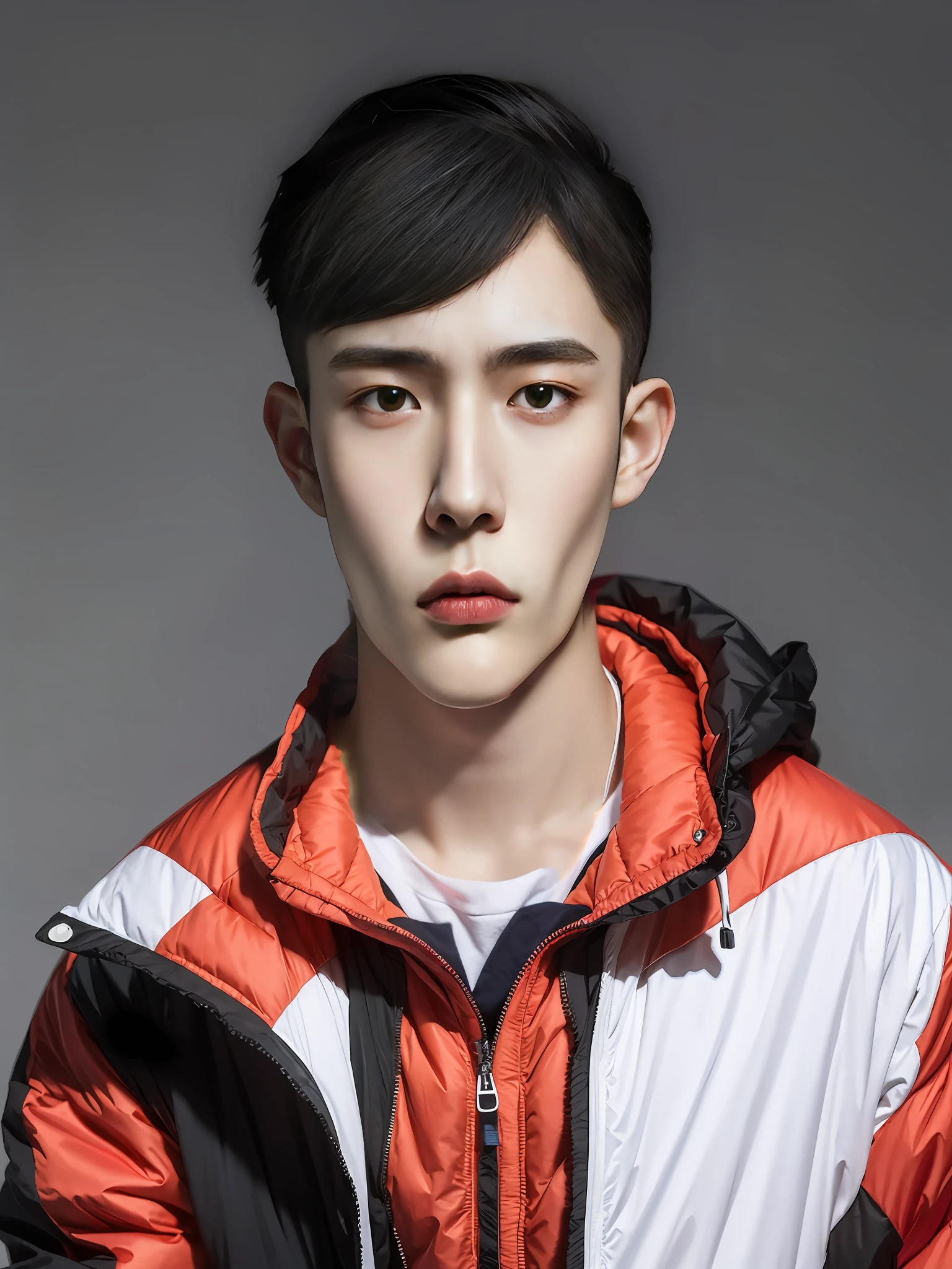 A Chinese male high school student,Wearing a colorful storm jacket