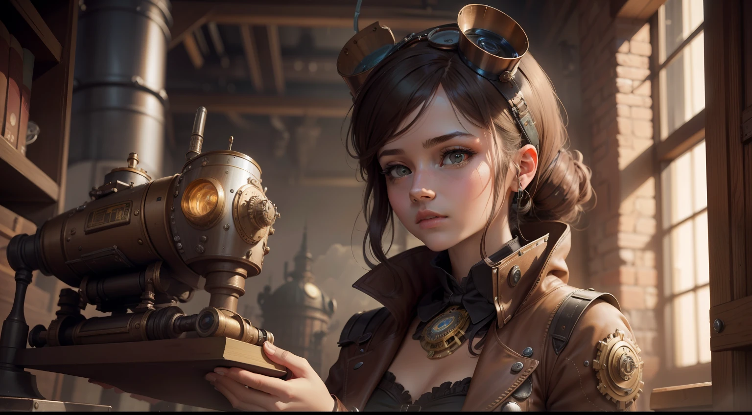 steampunk, 1girl, cientista, inventora, creating robot, lupa, surpresa, high detail, masterpiece, invention, 4k