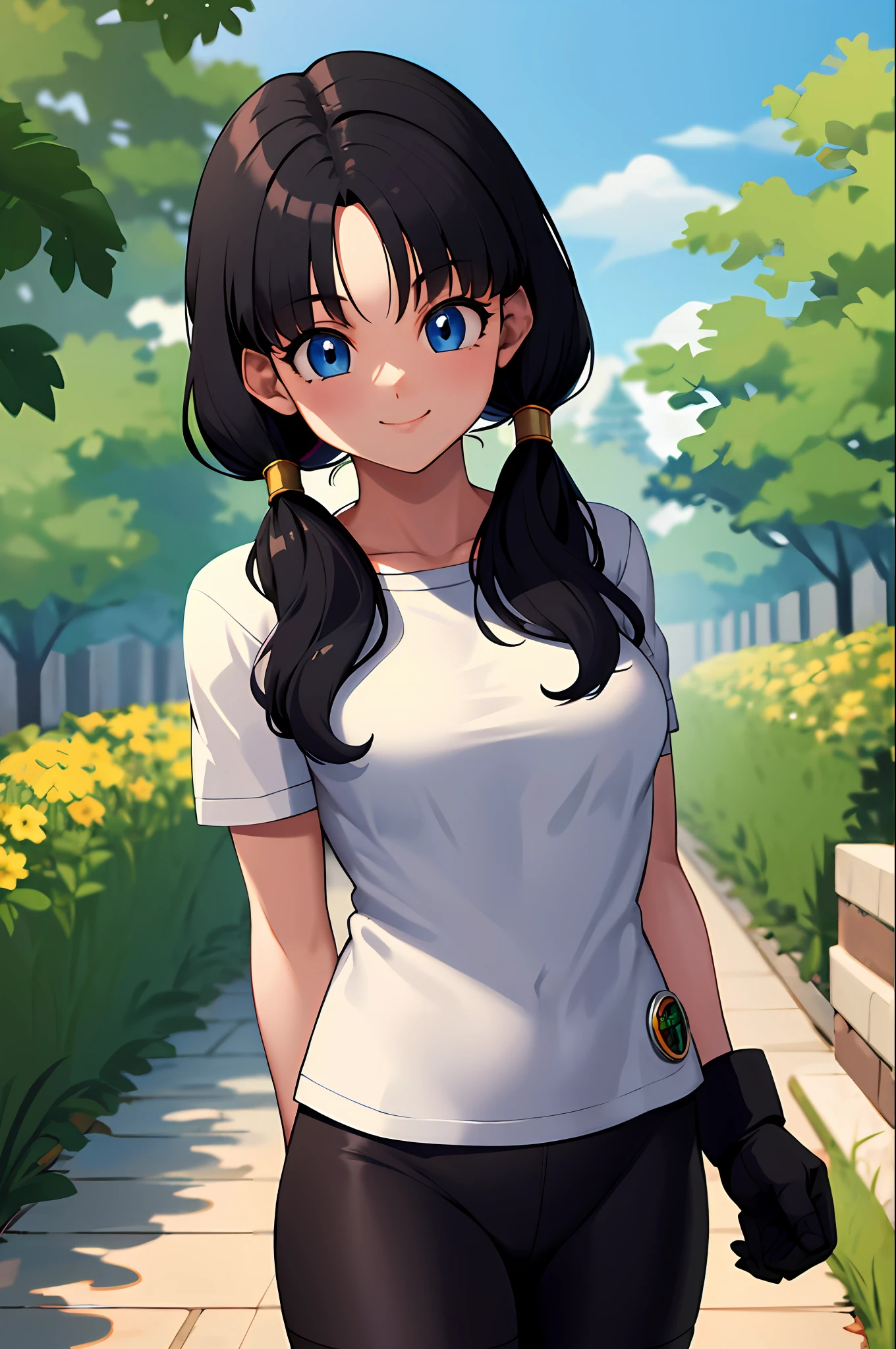 masterpiece, best quality, highres, videl2, solo, blue eyes, black hair, twintails, black gloves, bike_shorts, bangs, white shirt, badge, medium breasts, cowboy shot, smile, arm behind back, garden,