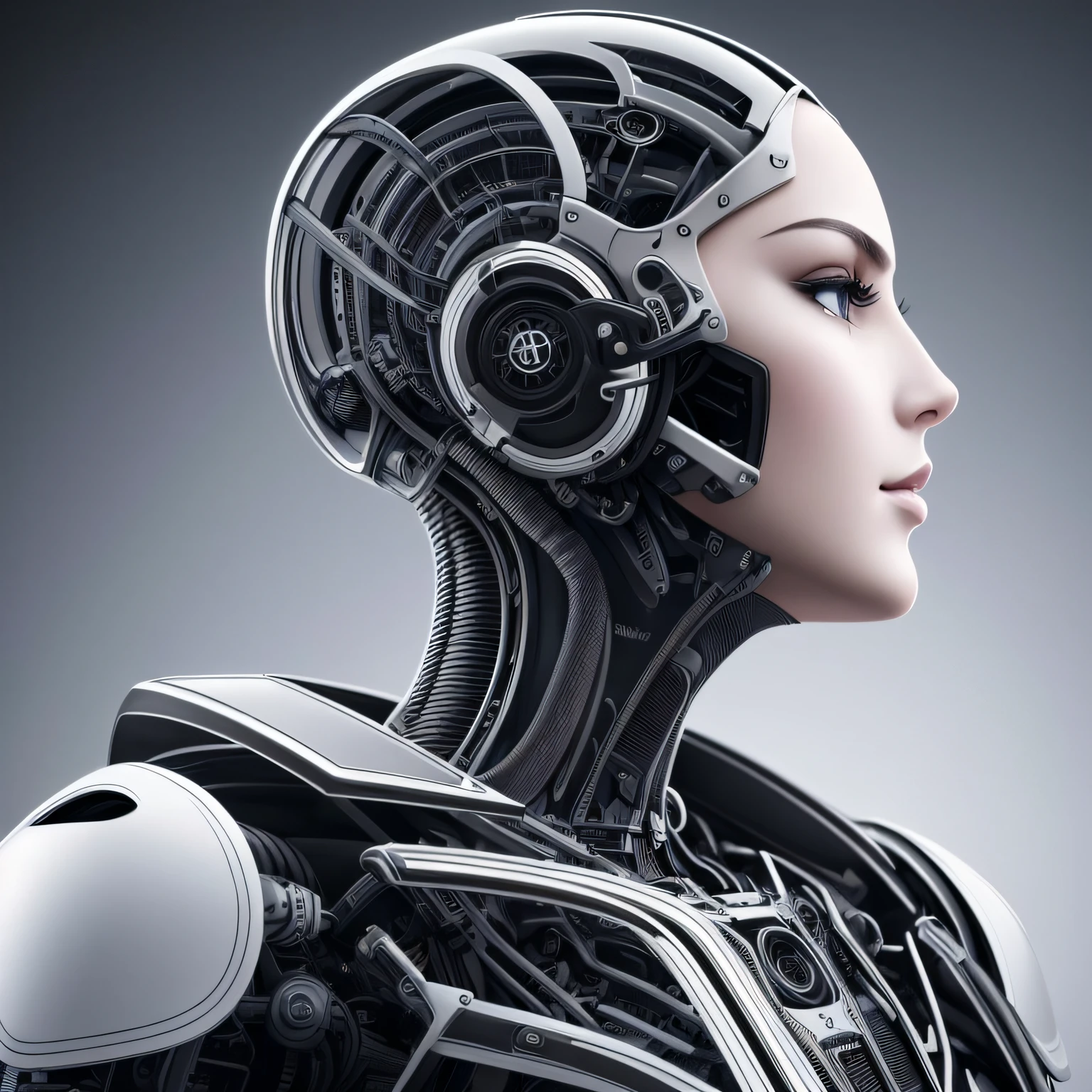 Ultra detailed complex 3D rendering of a gorgeous porcelain profile Android face, (((perfil))), (((full head inside image))) , ciborgue, robotic parts, 150 mm, Beautiful soft studio light, luz de aro, detalhes vibrantes, cyberpunk luxuoso, renda, hiper-realista, anatomic, facial muscles, electric cables, microchip , elegante, fundo bonito, octane rendering, estilo HR Giger, 8k, melhor qualidade, obra-prima, illustration, extremamente delicado e bonito, extremamente detalhado, CG, unidade, papel de parede, (realista, fotorrealista: 1,37), Awesome, finamente detalhe, obra-prima, melhor qualidade, arte oficial, papel de parede 8k de unidade CG extremamente detalhado, absurdos, incrivelmente absurdos, Roboto, capacete de prata, --auto