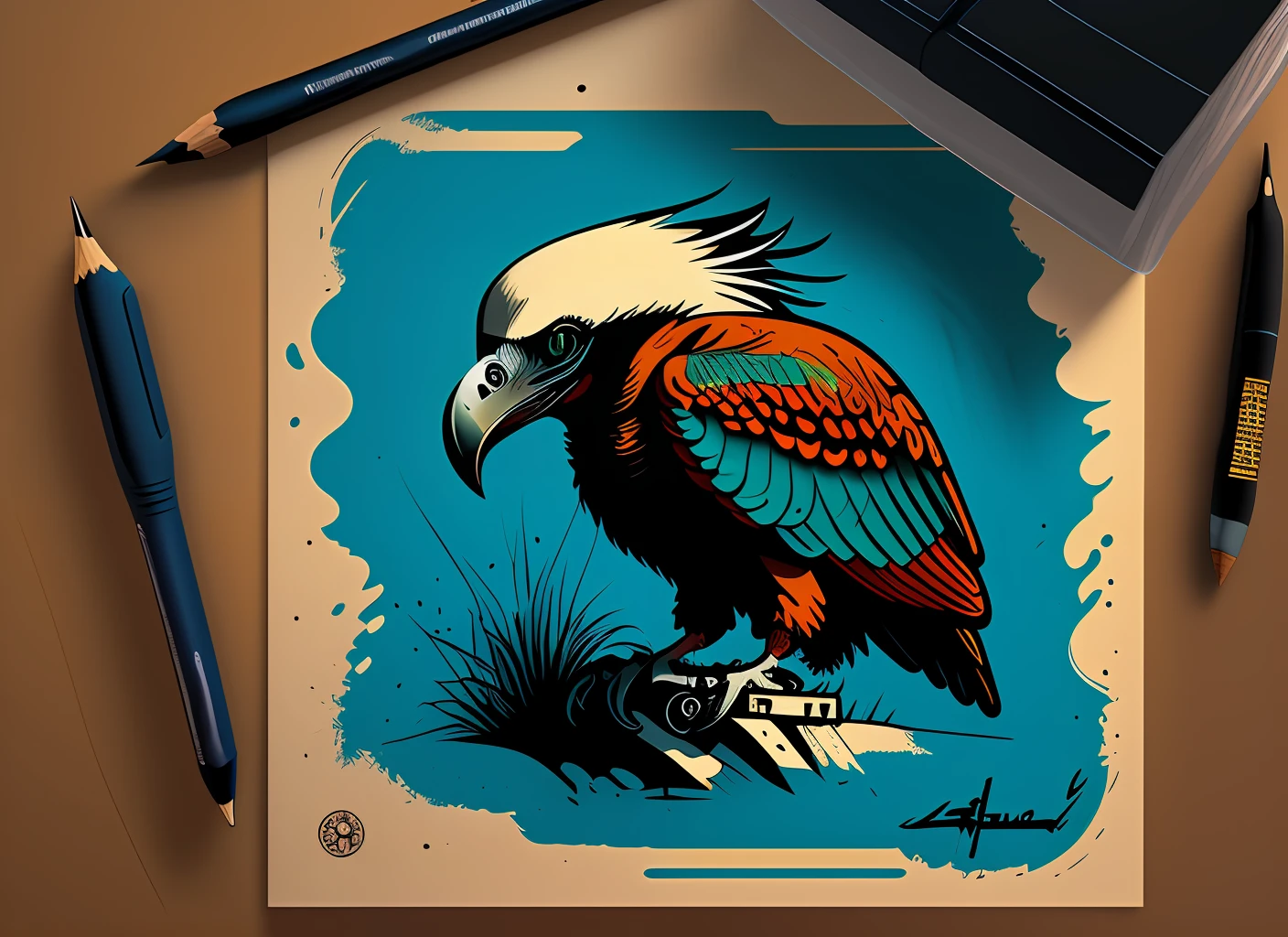 Vulture logo, sad, blue, classic, minimalistic, vintage design, drawn by Alex Pardee, Banksy grafitti style :: Tattoo, Sherpard Fairey Art, in the style of Maurice Sendak ::Disney Pixar animation style - --auto --s2