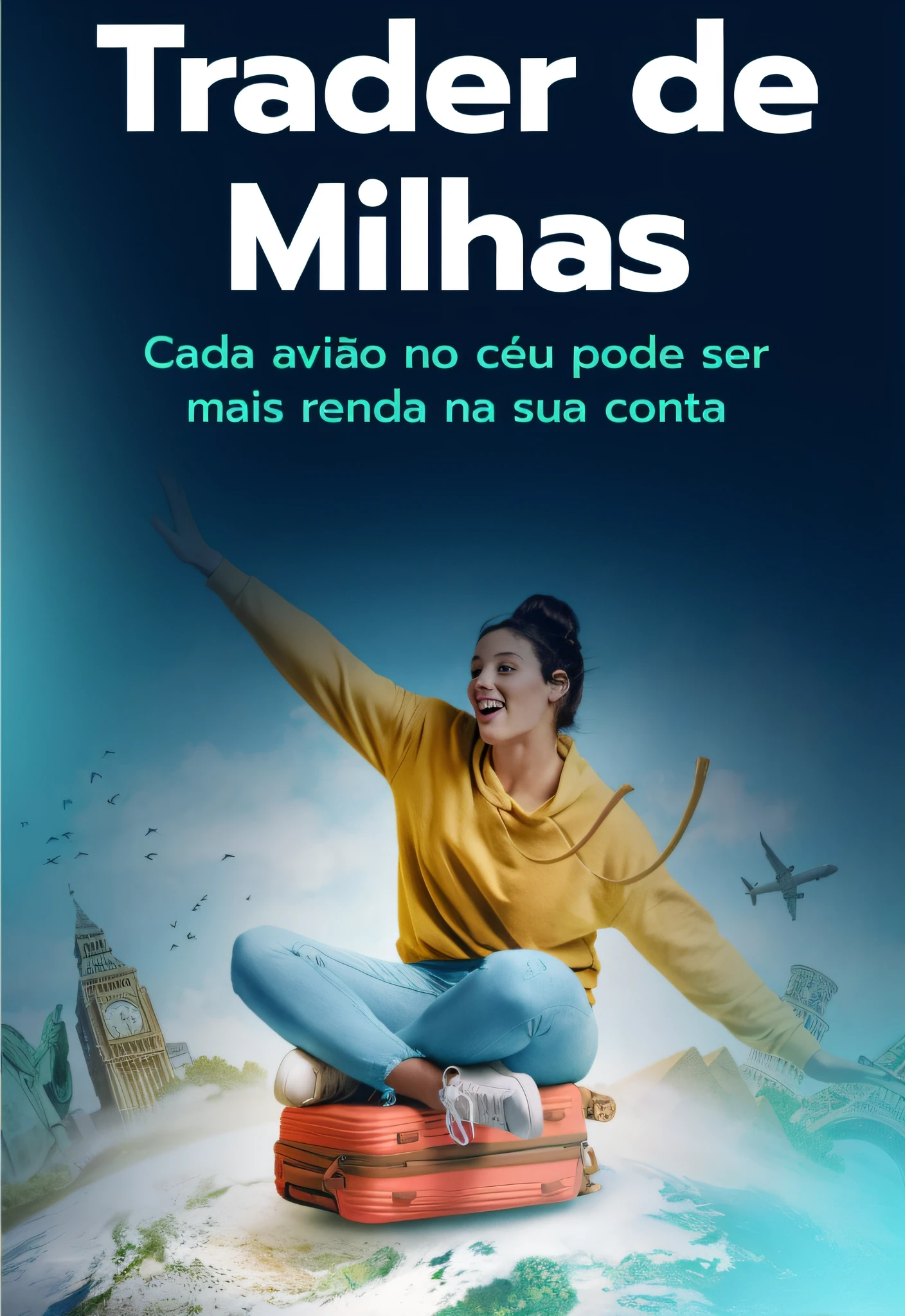 There is a woman sitting in a suitcase with her arms outstretched, milhas df, Directed by: Luis Miranda, Malika Favre, Ad image, São Paulo, Directed by: Milton Menasco, Directed by: Nicholas Borsos, Directed by: Willian Murai, Directed by: Mathias Kollros, Olivia de Bernardinis, Directed by: Manolo Millares, advertisements